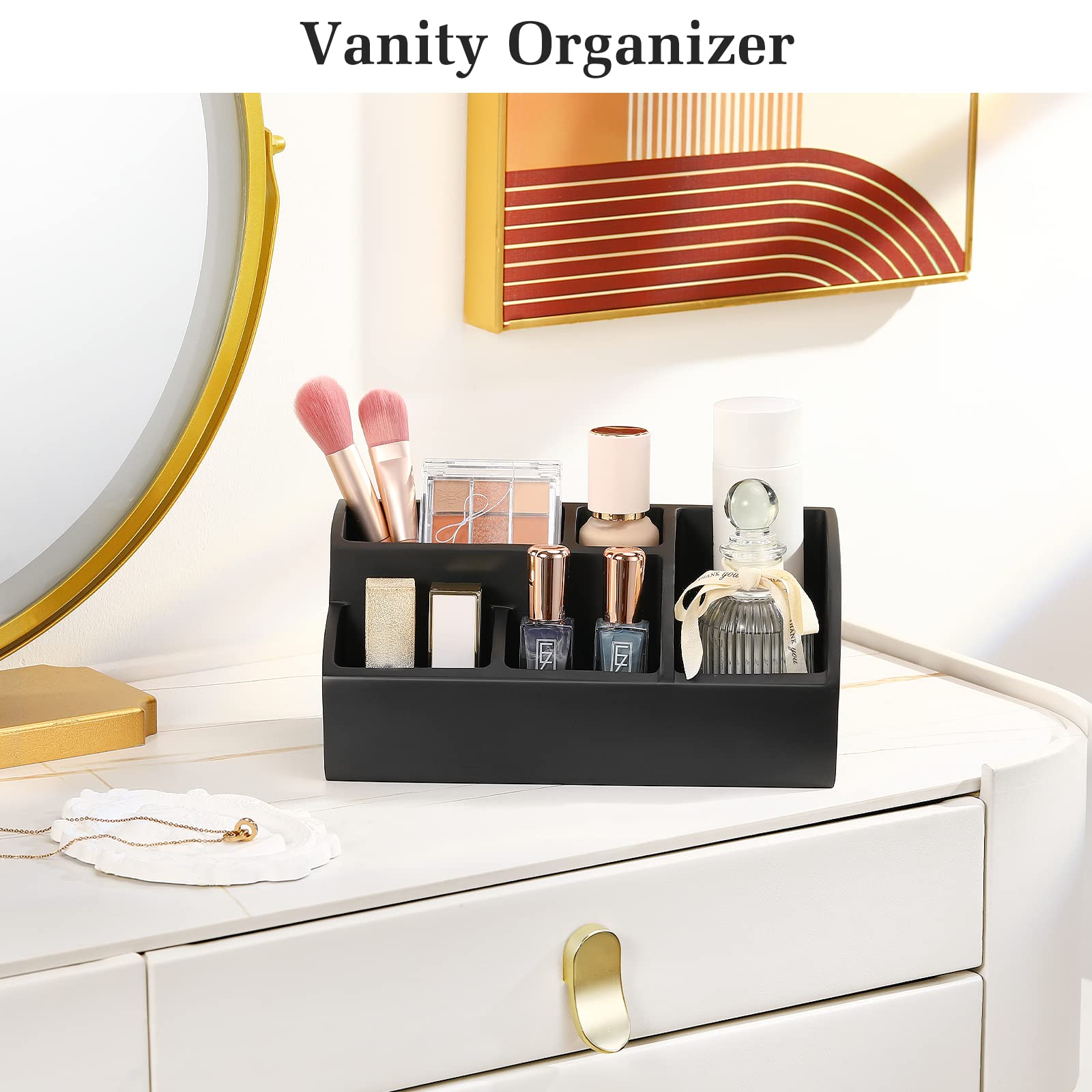 Luxspire 5-Slot Toothbrush Holder & Bathroom Counter Organizer - Marble Bathroom Storage for Toothbrush, Toothpaste & Essentials - Matte Black - Perfect for Vanity, Sink & Countertop Organization