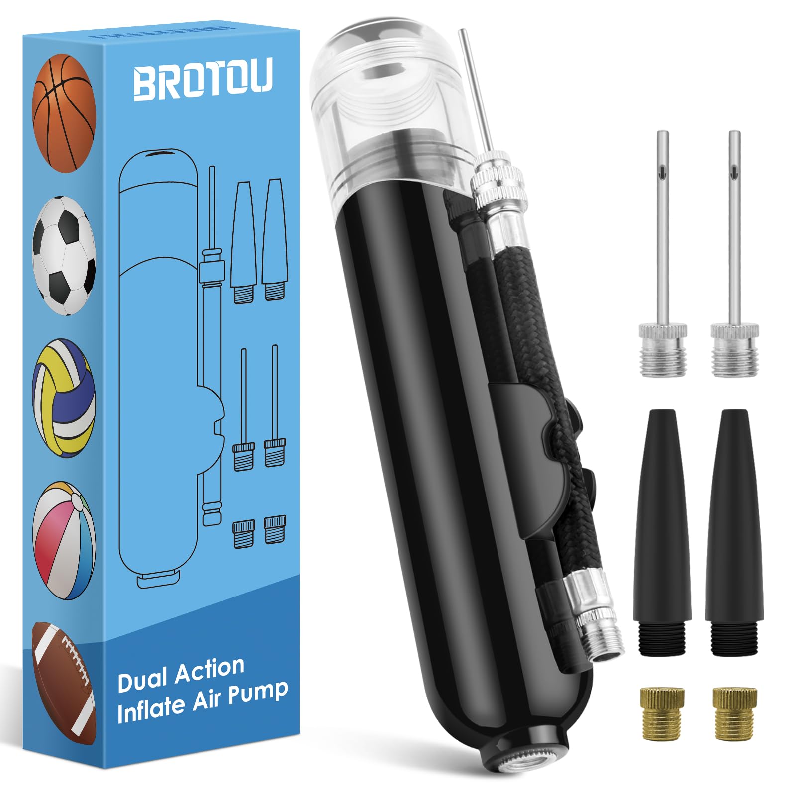 Dual Action Ball Pump with 3 Needles & 2 Nozzles - High Pressure Air Pump for Soccer, Basketball, Volleyball, Bikes, Inflatables - Perfect for Sports, Gym, Camping & Outdoor Activities