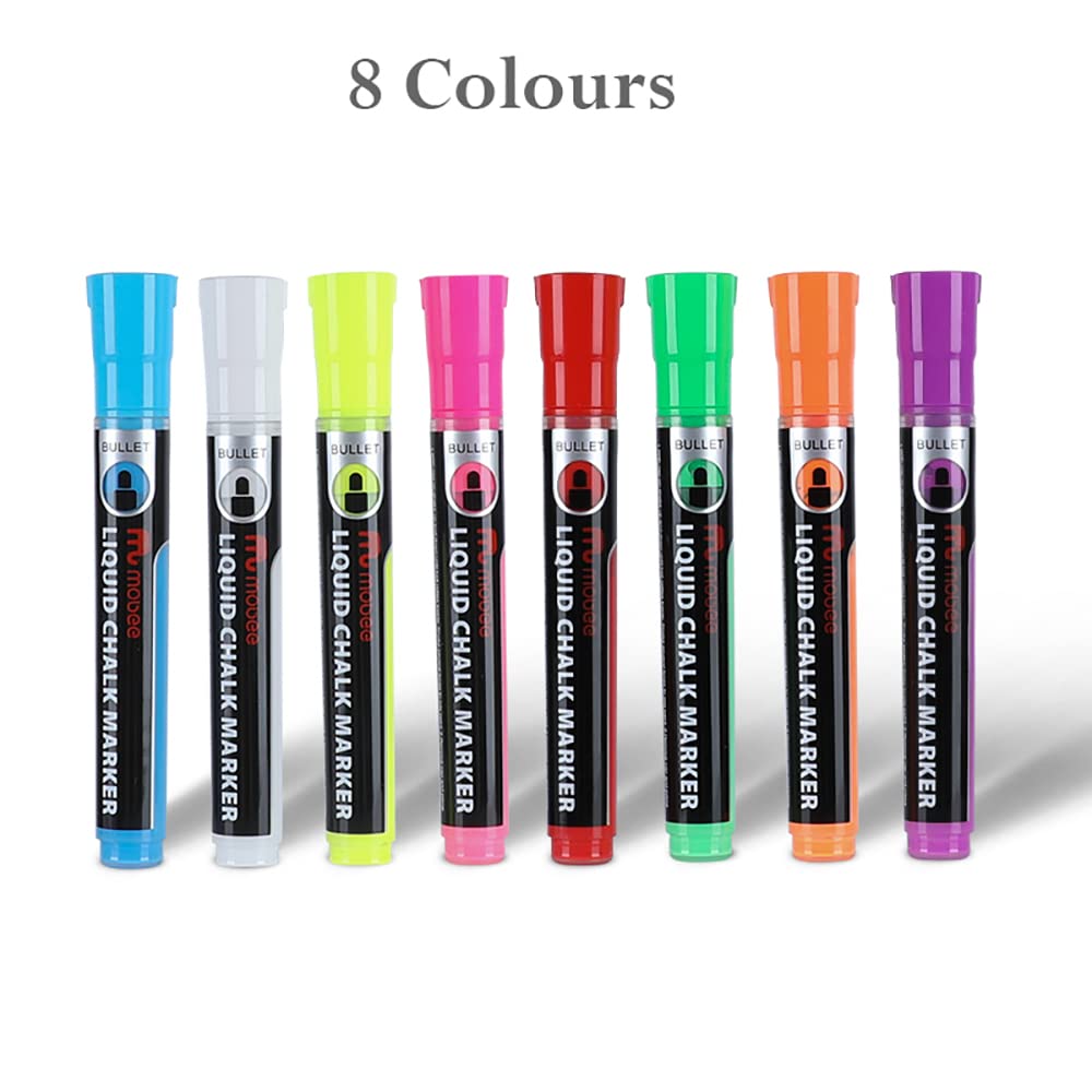 Mobee Liquid Chalk Markers - 8 Pack Reversible Tip Non-Porous Chalkboard Markers for Blackboard, Glass, Windows & Mirrors - Fine Point for Art, Signage & DIY Projects