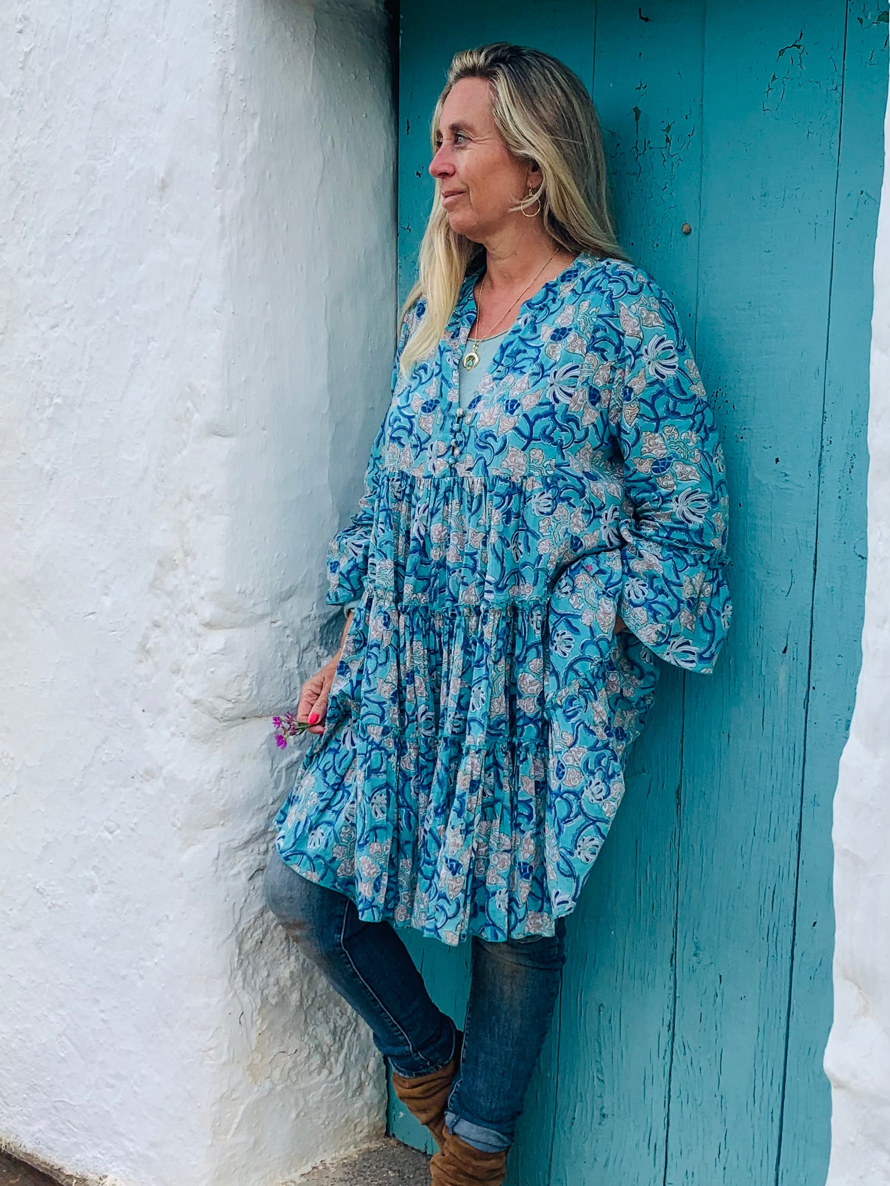 Geo Short Dress with Pearl Turquoise Details - Perfect for Summer Outings, Beach Vacations & Casual Events