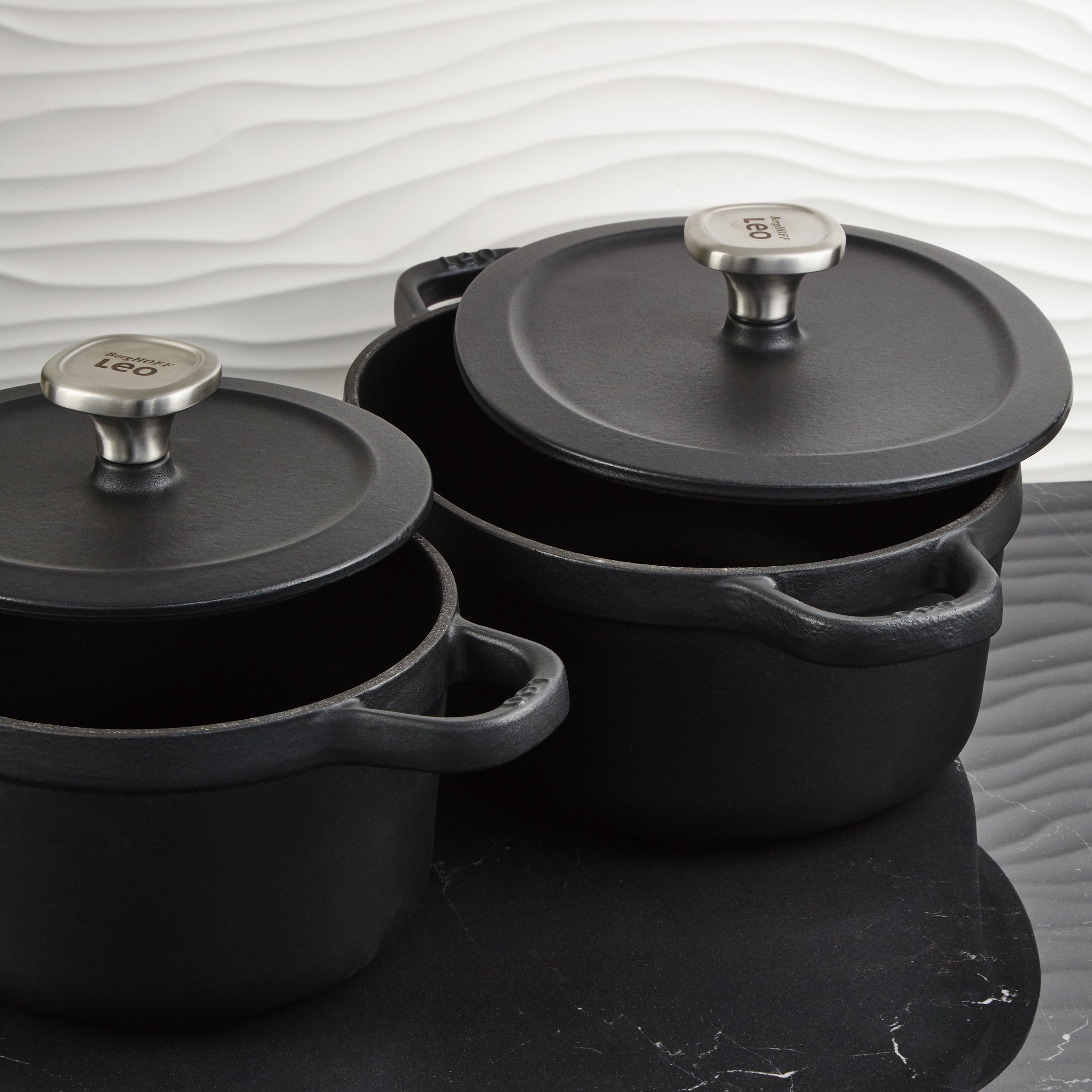 BergHOFF Leo Graphite 4-Piece Cast Iron Cookware Set - Durable Nonstick Skillet & Pots for Stovetop, Oven & Grill Cooking - Perfect for Searing, Frying, Baking & Camping