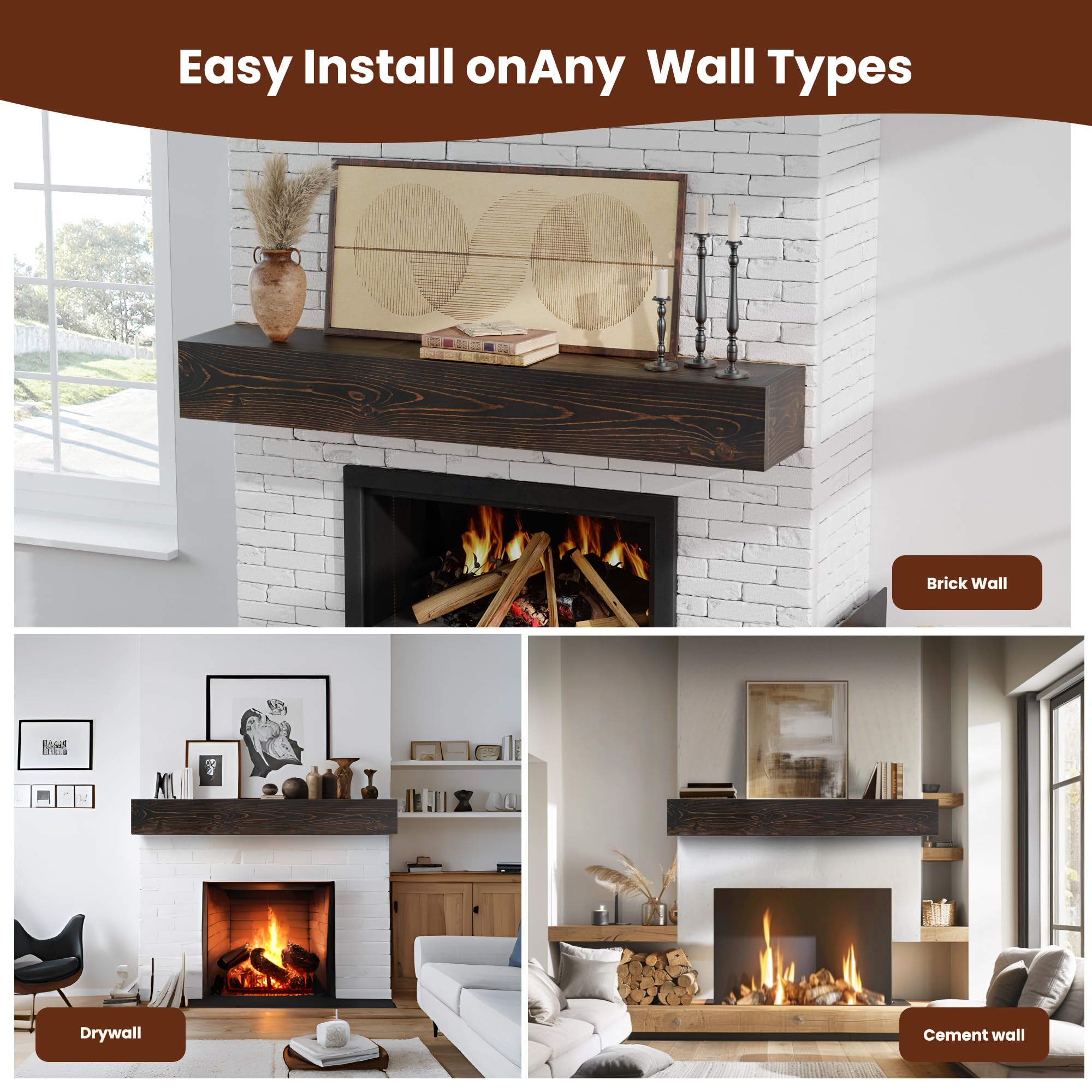 Floating Fireplace Mantel Shelf - 60 x 9 x 6 Inch Solid Wood Wall-Mounted Mantel for Over Fireplace, 60lbs Weight Capacity, Walnut Finish - Perfect for Living Room, Bedroom & Home Decor