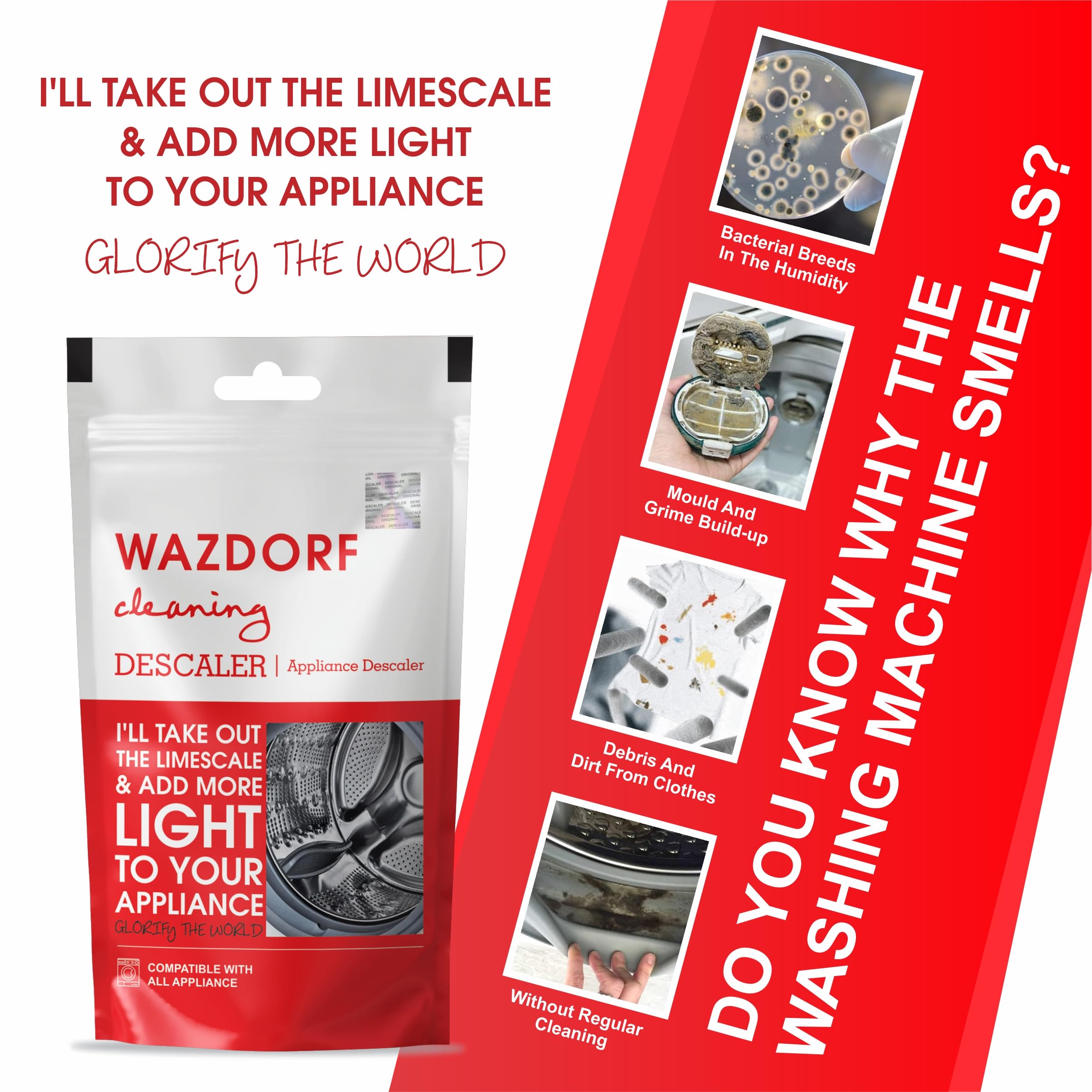 Washing Machine Cleaner & Descaler Powder - Front Load & Top Load Washer Detergent, Drum Cleaner (100g x 4 Pack) | Removes Odor, Mold & Limescale | For HE, Standard & Portable Washing Machines