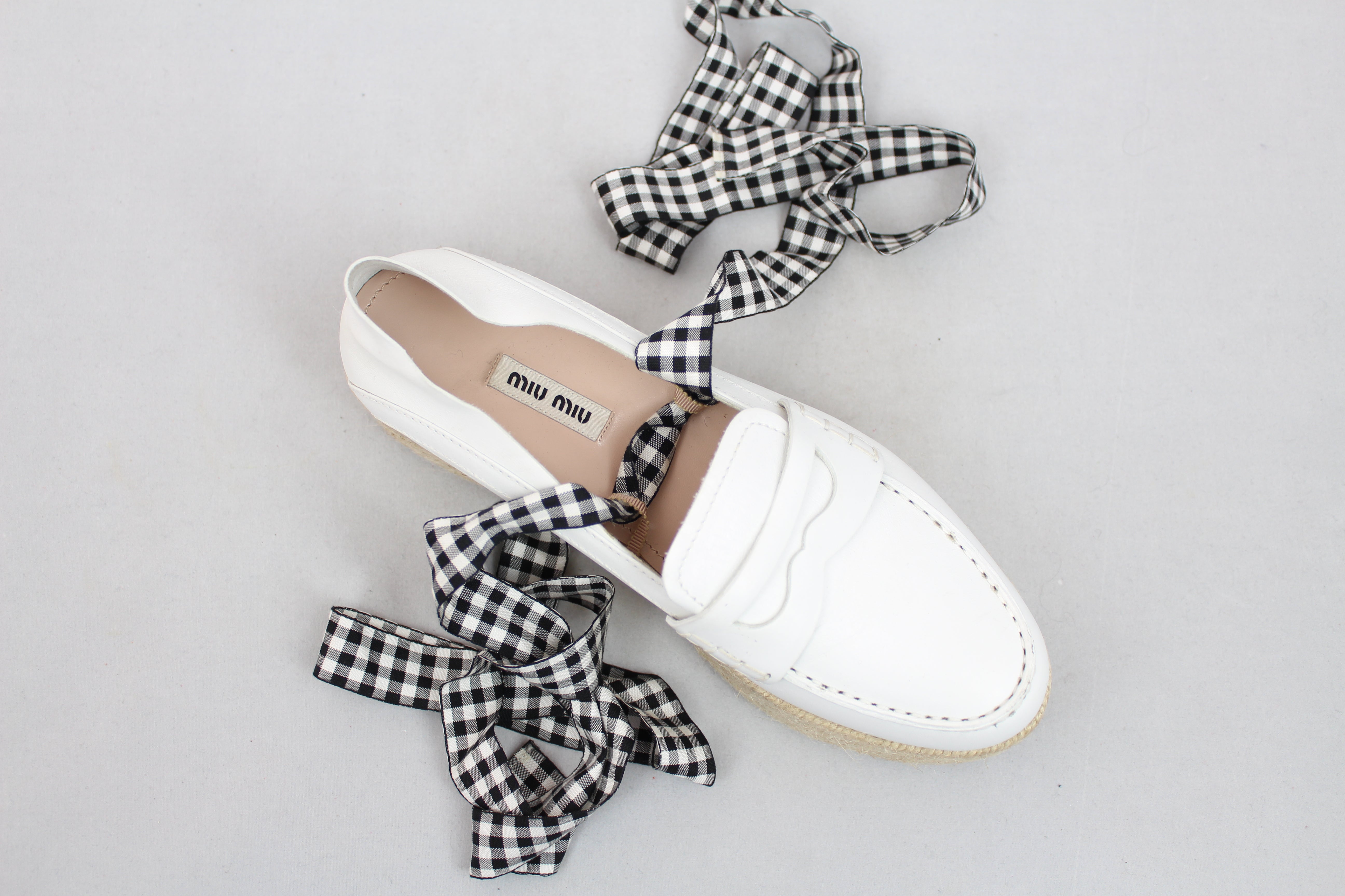 Miu Miu White Leather Platform Espadrillas with Laces - Women's Size 38 EU | Casual Summer Shoes for Beach, Vacation & Everyday Wear