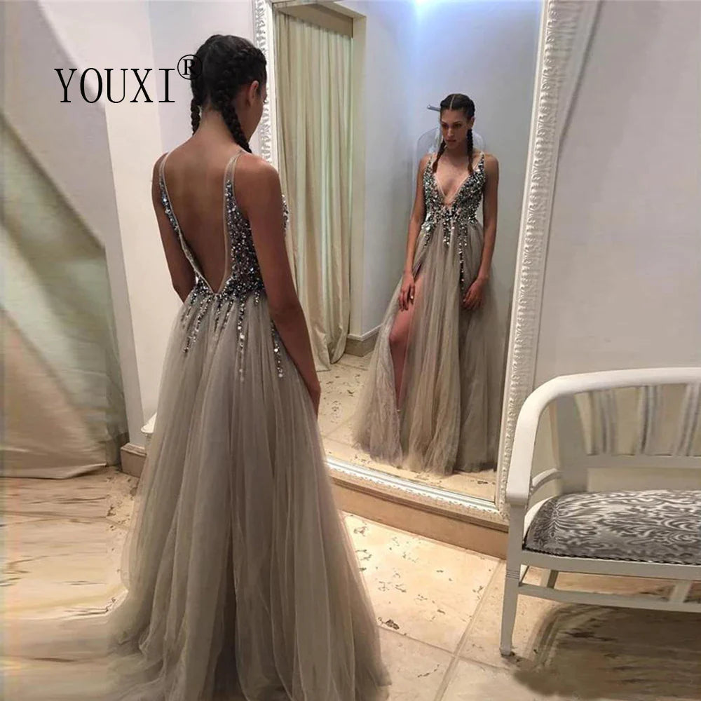 Elegant Light Gray Beaded Prom Dress with V-Neck, High Slit & Sweep Train - Sleeveless Backless A-Line Evening Gown for Homecoming, Formal Dances & Special Occasions