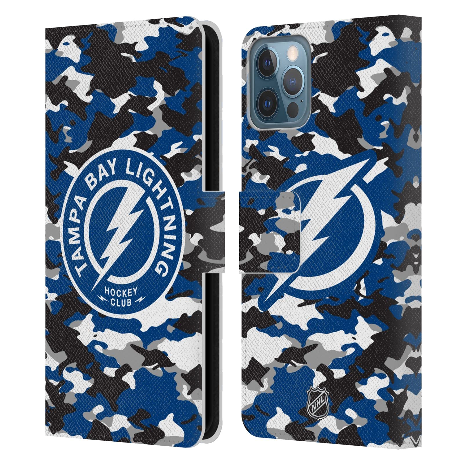 Officially Licensed NHL Camouflage Tampa Bay Lightning Leather Wallet Phone Case for Apple iPhone 12 & iPhone 12 Pro - Perfect for Hockey Fans & Game Day Accessories