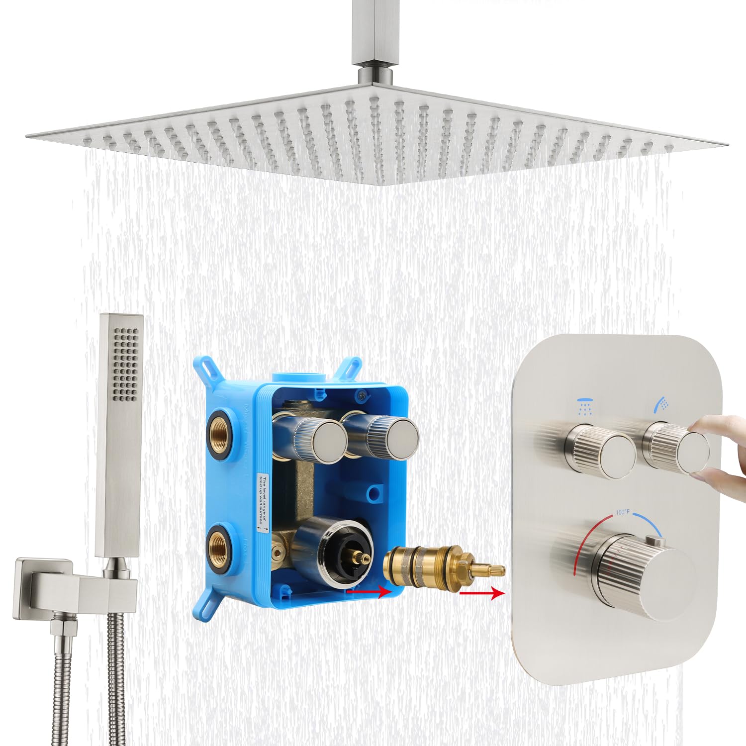 16 Inch Thermostatic Ceiling Mount Shower System - Brushed Nickel Luxury Rain Mixer with Handheld Shower (All Functions Work Simultaneously) for Spa-Like Bathroom Experience