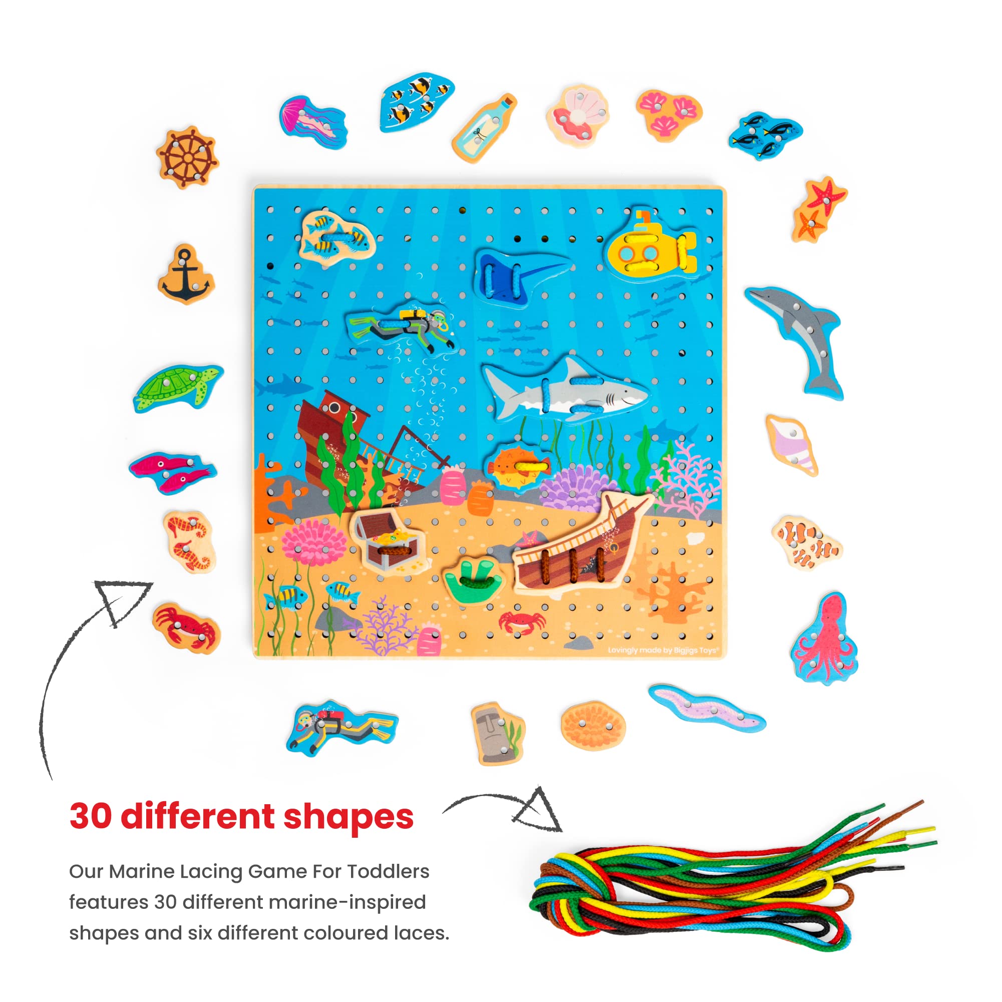 Bigjigs Toys Marine Lace-a-Shape Game - 30 Geometric Shape Lacing Cards & 6 Laces for Toddlers, Fine Motor Skills Development Toy, Early Learning Threading Activity for Kids Ages 2+ | Perfect for Preschool Classroom, Montessori Education & Home Playtime