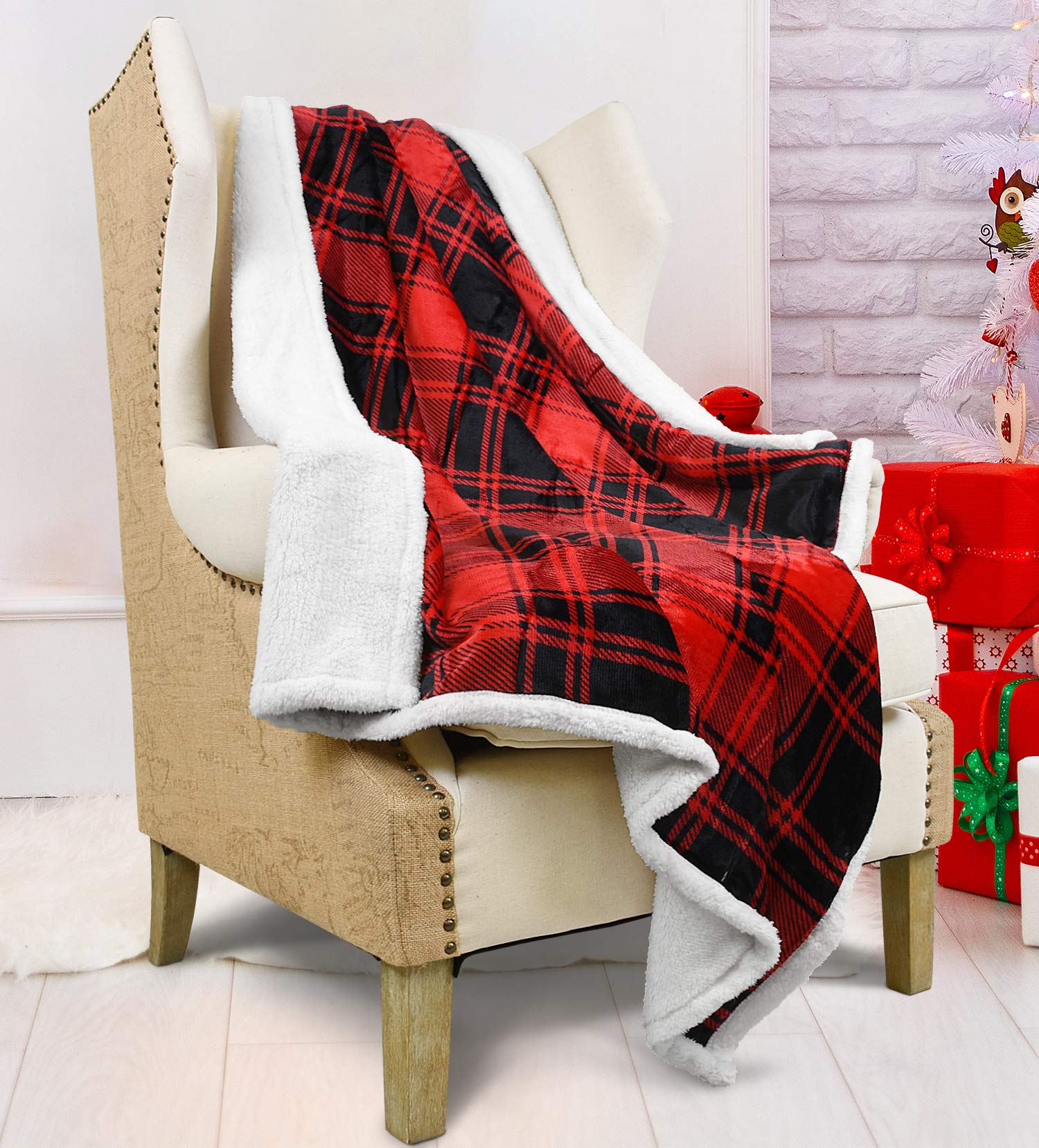 Catalonia Red Plaid Sherpa Throw Blanket - Ultra Soft & Warm Buffalo Check Fleece Blanket for Christmas, Winter, Couch & Cabin Decor - Cozy Home, Office & Travel Companion