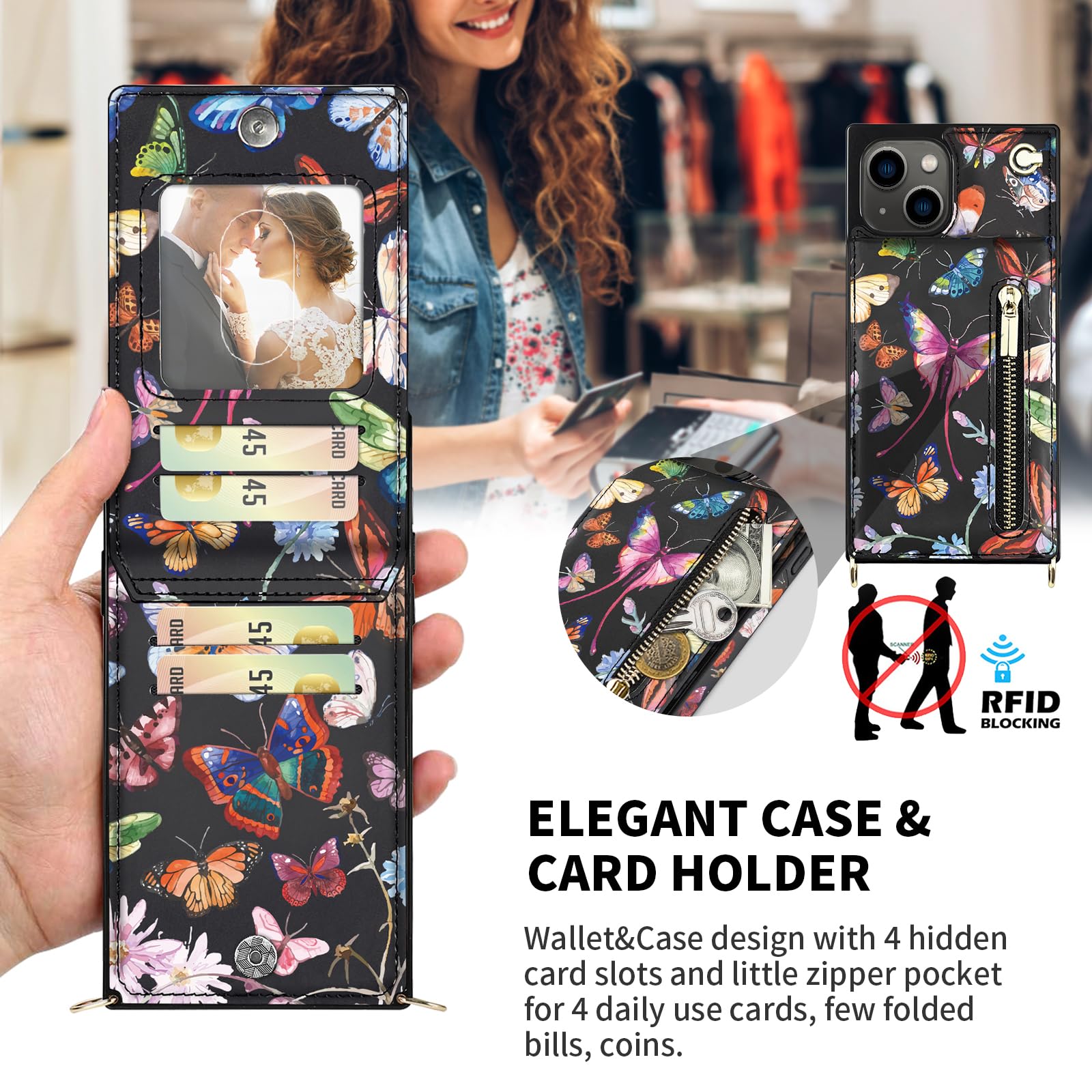 Floral Leather Crossbody Phone Case for iPhone 13 with Card Holder & Kickstand - Cute Wallet Case with Strap, Zipper Purse & Protective Cover for Women (Butterfly Design) - Perfect for Travel, Shopping & Everyday Use