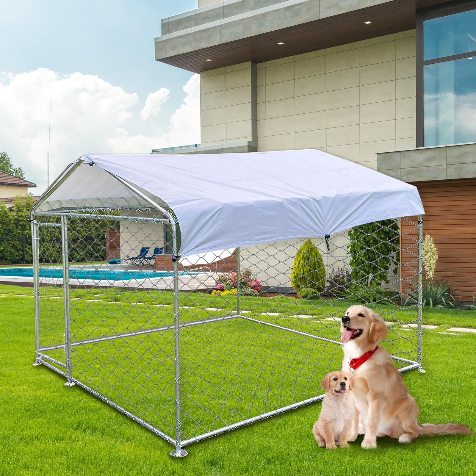 6.6 x 6.6FT Heavy Duty Outdoor Dog Kennel with Roof - Rust-Proof Chain Link Dog Cage for Backyard, Waterproof & UV-Resistant Cover - Perfect for Large Dogs, Pet Safety & Outdoor Playtime