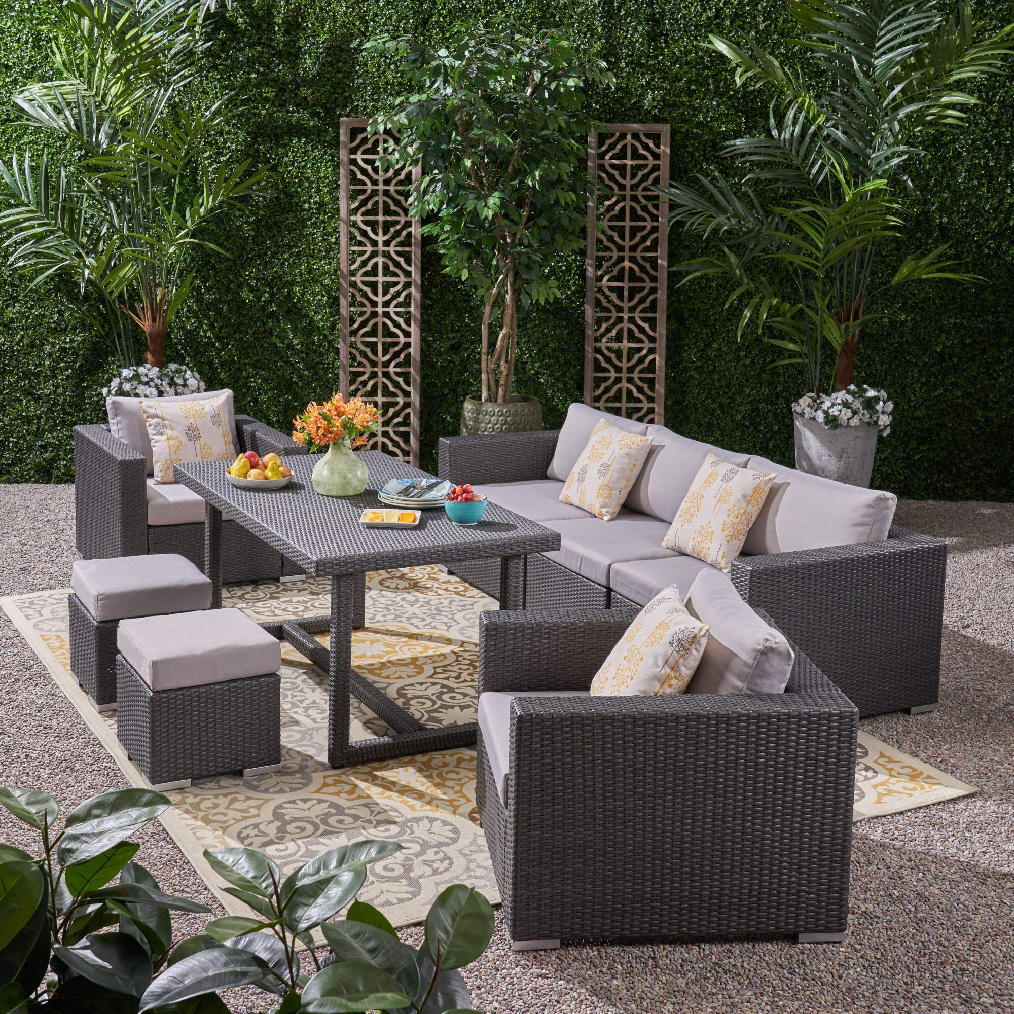 8-Piece Gray Rectangle Wicker Outdoor Patio Dining Set with Silver Cushions - Modern Contemporary Furniture for Backyard, Garden & Poolside Entertaining