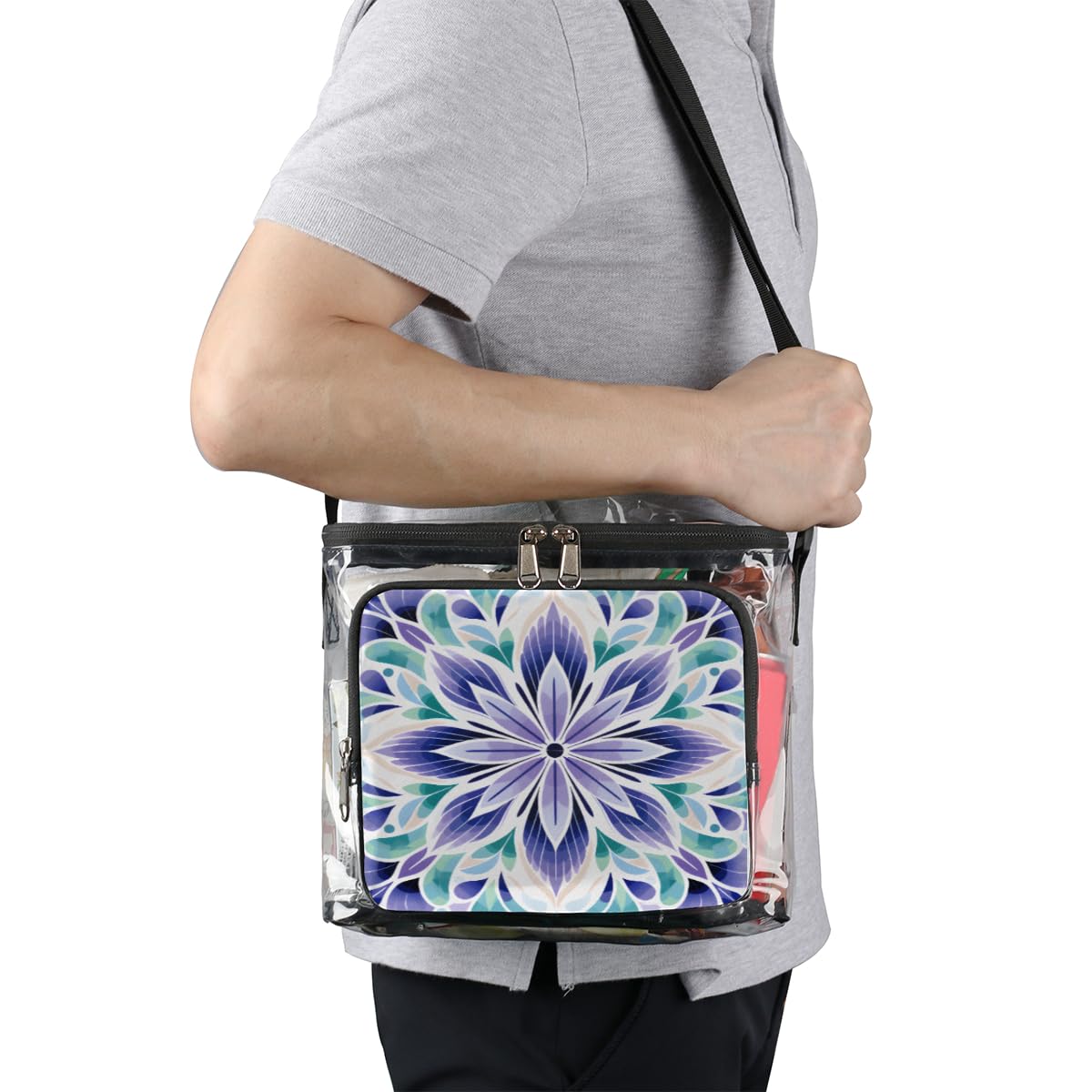GzLeyigou Clear Transparent Tote Bag with Abstract Floral Print - Crossbody Shoulder Bag for Women, Lunch Bag for Outdoor, Travel, Picnic, Concerts & Sports Events (Stadium Approved) - Perfect for Beach, Shopping, Gym & Daily Use