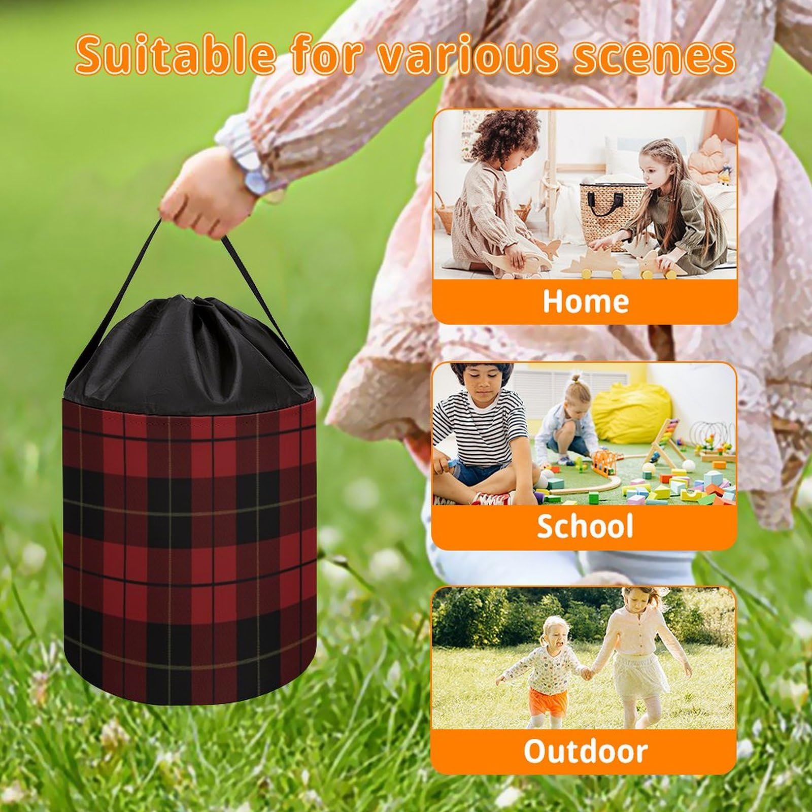 Red and Black Plaid Print Toy Storage Drawstring Tote Bags | Collapsible Cinch Bucket for Kids' Building Blocks, Board Games & Toys Organization | Perfect for Playroom, Classroom & Travel Storage Solutions