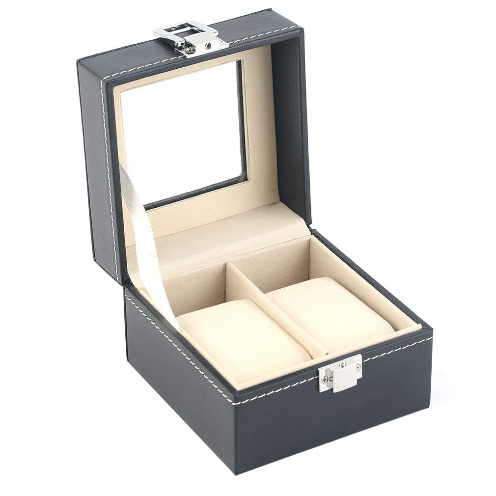 Premium PU Leather Watch Box - 2 Grid Black Jewelry Display Case for Luxury Watches & Accessories Storage - Perfect for Home Decor, Gift Giving & Jewelry Organization