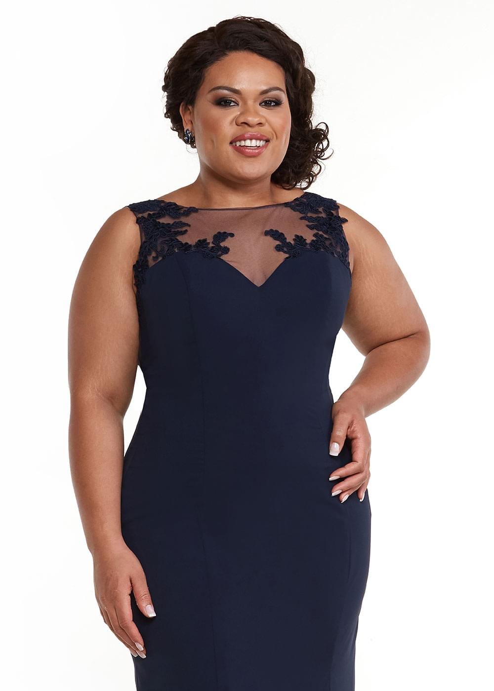 Elegant 80109 Fitted Stretch Chiffon Bridesmaid Dress with Illusion Lace Neckline - Perfect for Weddings, Formal Events & Special Occasions