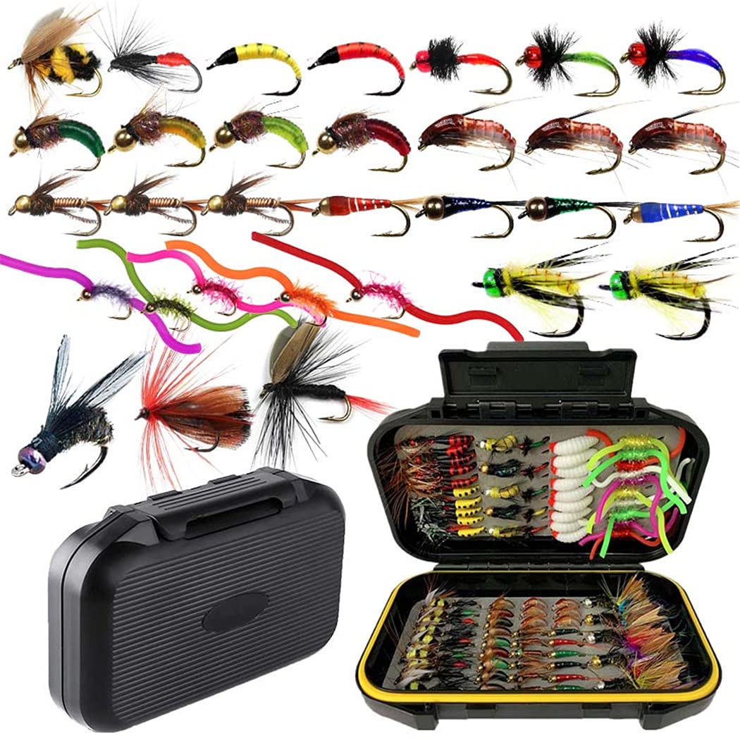 Premium Fly Fishing Flies Kit - 33/48/72/100/114/148pcs Dry/Wet Flies, Nymphs, Streamers & Poppers for Trout Bass - Durable Fly Box Included - Perfect for Freshwater & Saltwater Fishing Adventures