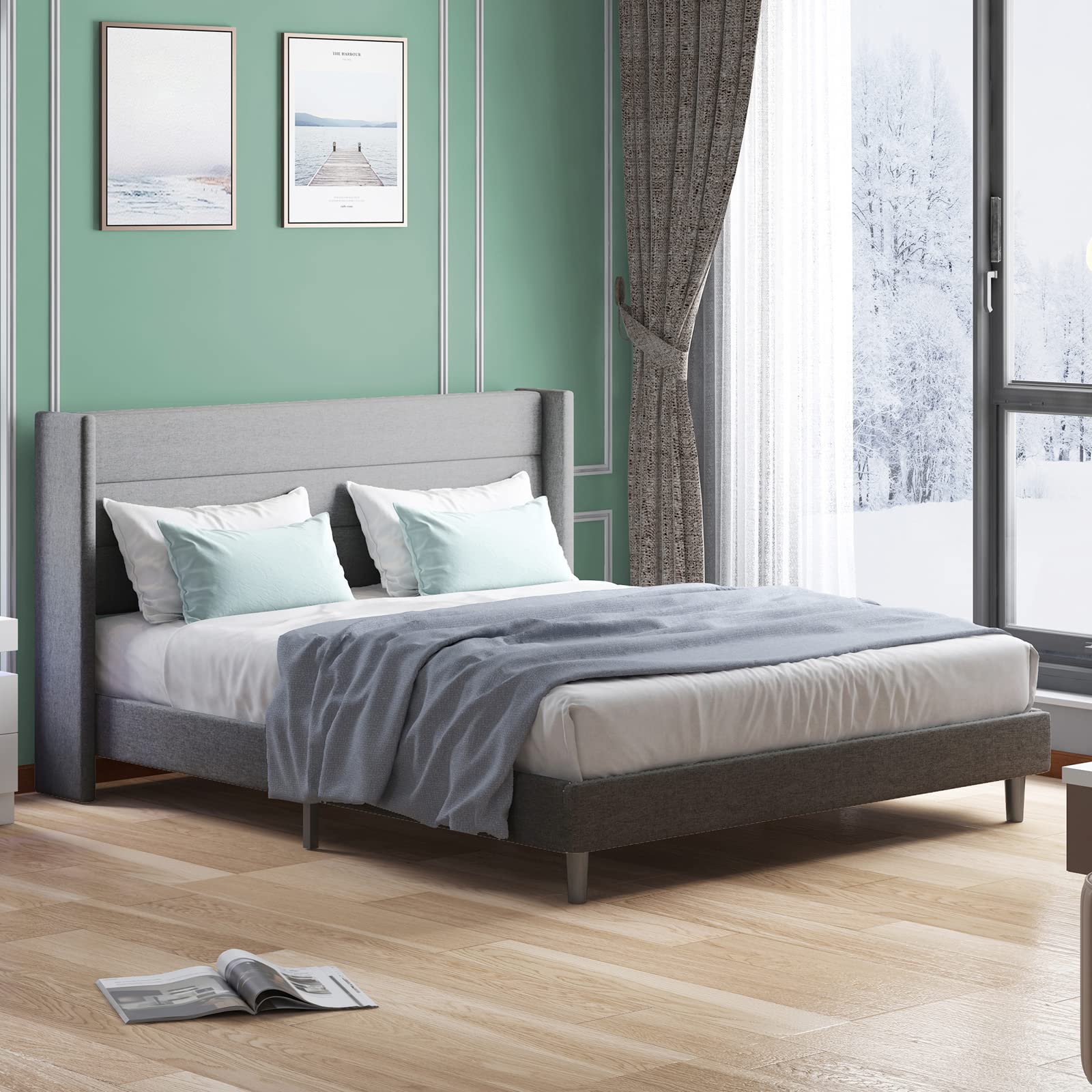 BALUS King Size Platform Bed Frame with Headboard - Modern Bed Frame No Box Spring Needed, Easy Assembly, Sturdy Metal Slats - Dark Grey - Perfect for Master Bedroom, Guest Room, and Modern Home Decor