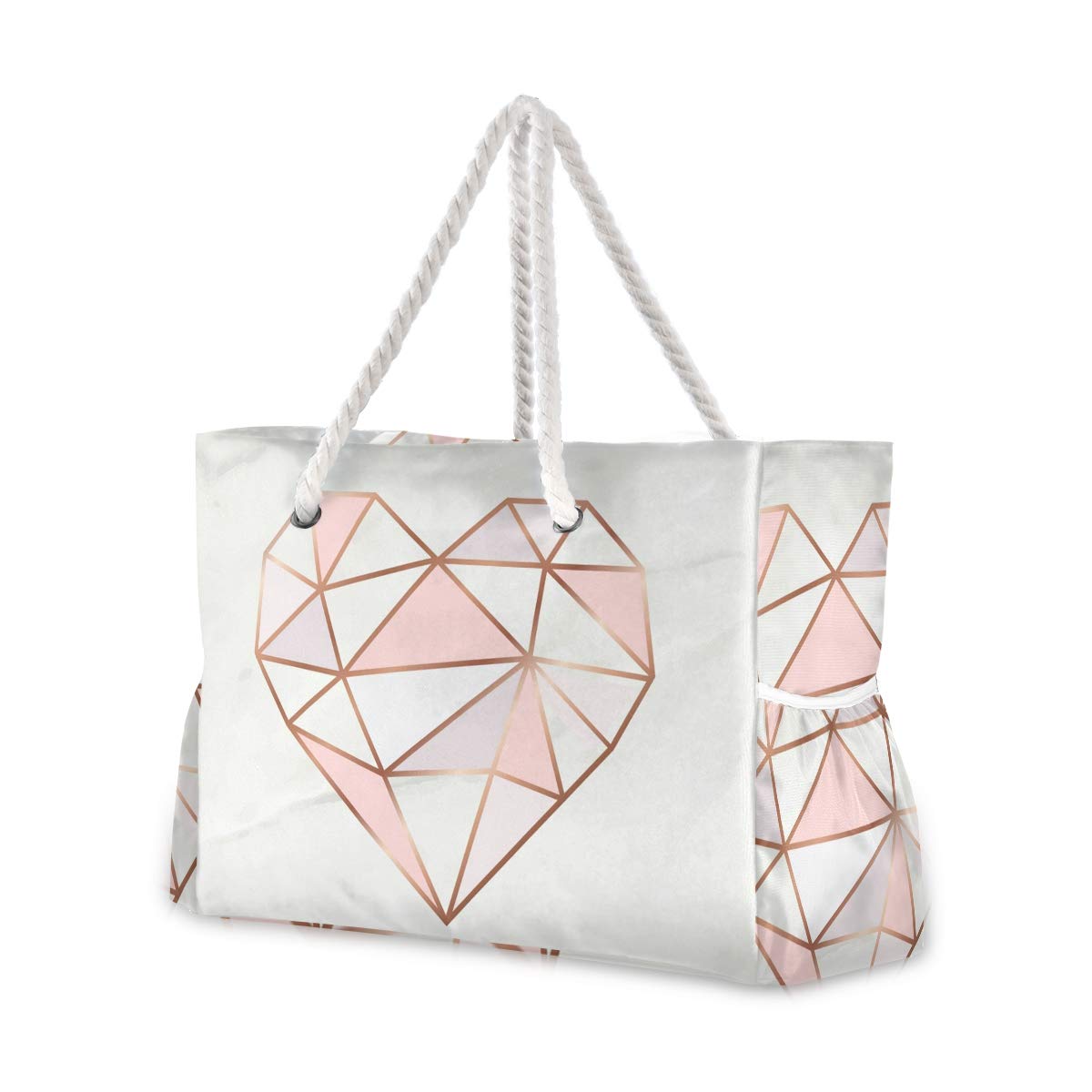 ALAZA White Marble Rose Gold Geometric Heart Beach Tote Bag - Waterproof Travel Gym Bag for Women, Perfect for Swimming, Camping, Yoga & Beach Vacation Accessories