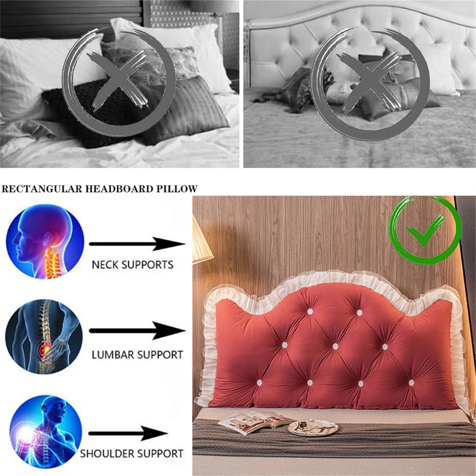 **King Queen Twin Headboard Pillow - Large Reading & Backrest Support Cushion for Sofa, Bed, Floor - Lumbar Wedge Bolster Pillow (79/200cm, Pink) - Perfect for Reading, Relaxing & Back Pain Relief**