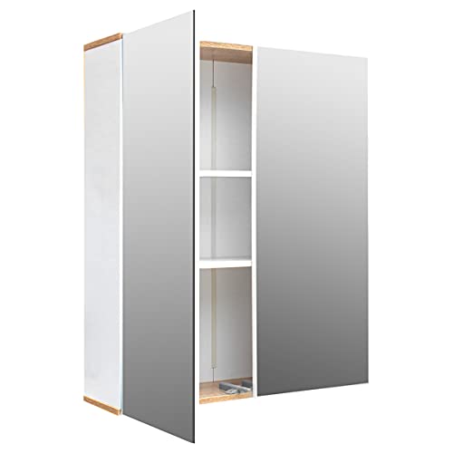 White & Log Color MDF Bathroom Wall Cabinet with Double Mirror Doors - Perfect for Small Bathrooms, Vanities, and Powder Rooms