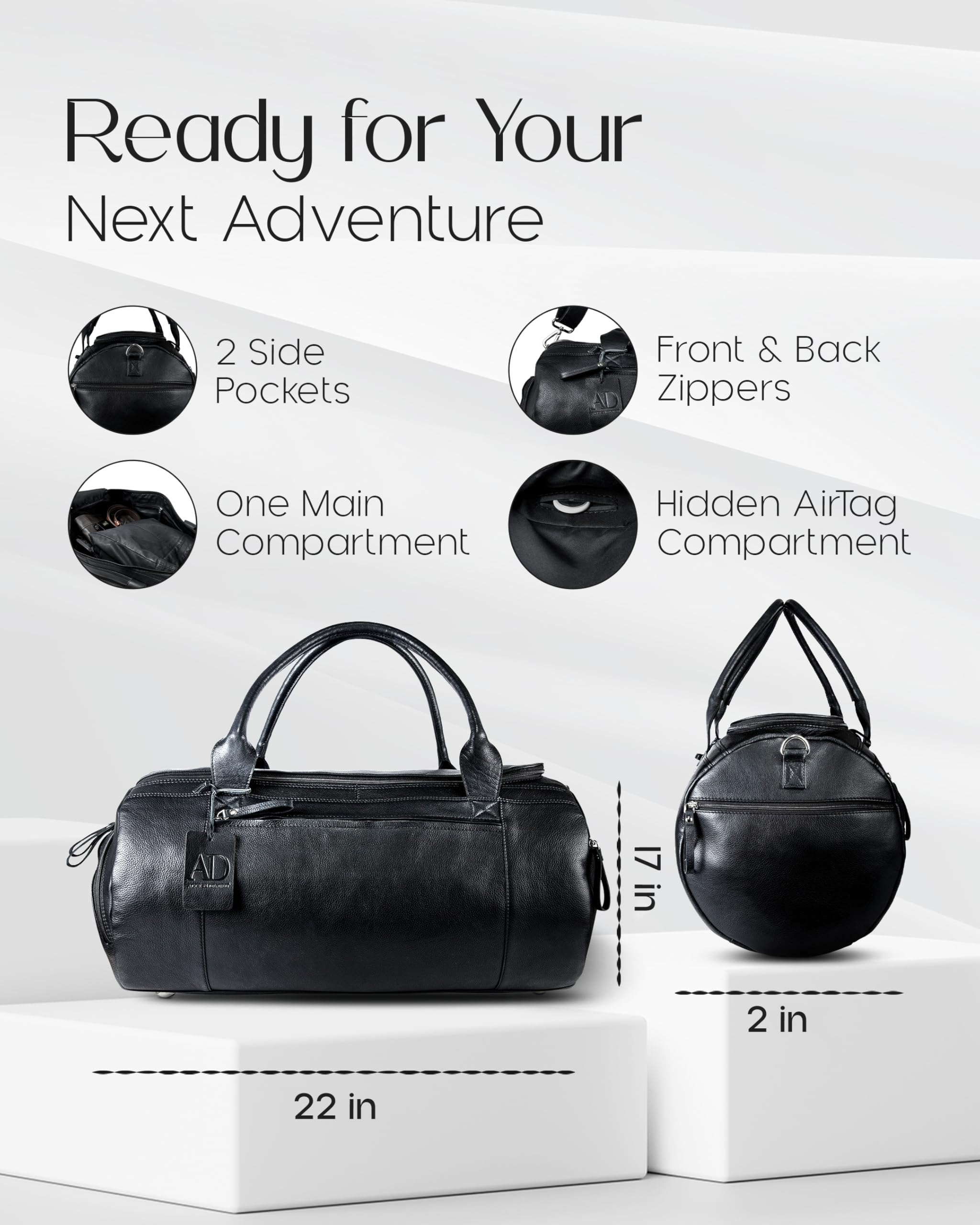 Men's Genuine Leather Travel Duffel Bag with Shoe Compartment & Hidden AirTag Pocket - Removable Shoulder Strap - Gym Bag, Weekender Overnight Bag, Business Trip Luggage - Perfect for Workouts, Business Travel & Weekend Getaways