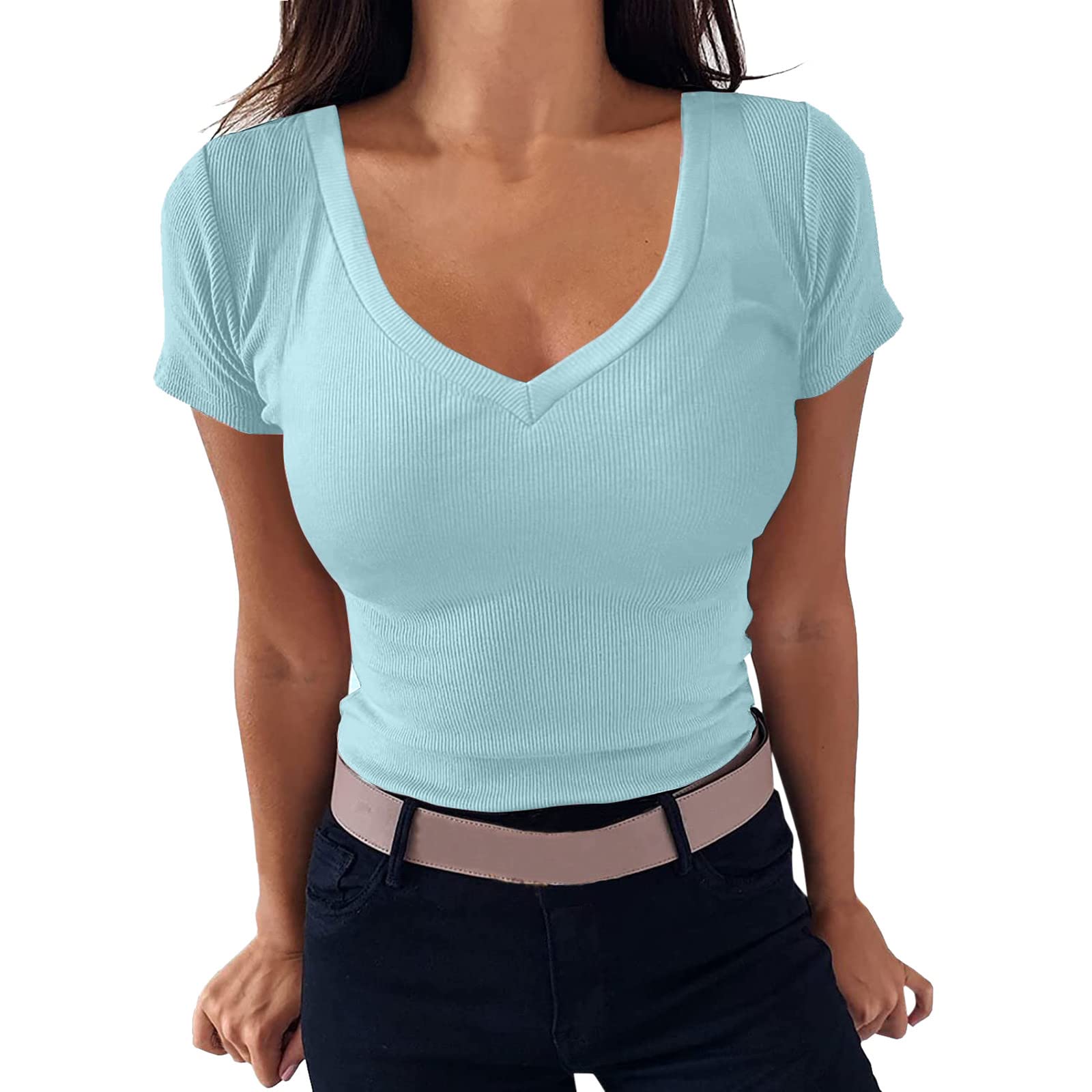 Women's White Cotton V-Neck Ribbed Fitted T-Shirt - Short Sleeve Graphic Tee for Casual Wear, Layering & Everyday Outfits