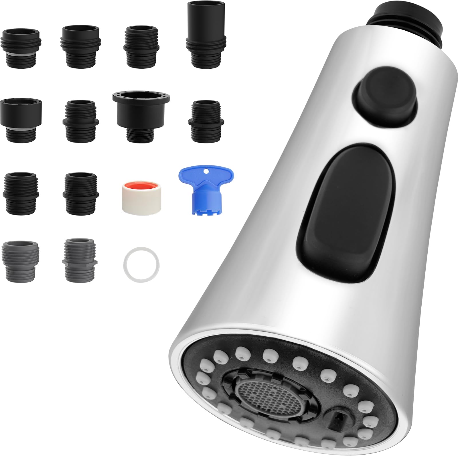 Hibbent Pull Down Kitchen Faucet Spray Head Replacement with 12 Adapters - 3-Function Sink Spray Nozzle Compatible with Moen, Delta, Kohler, American Standard (Chrome Finish) - Perfect for Dishwashing, Food Prep & Cleaning Fruits Vegetables