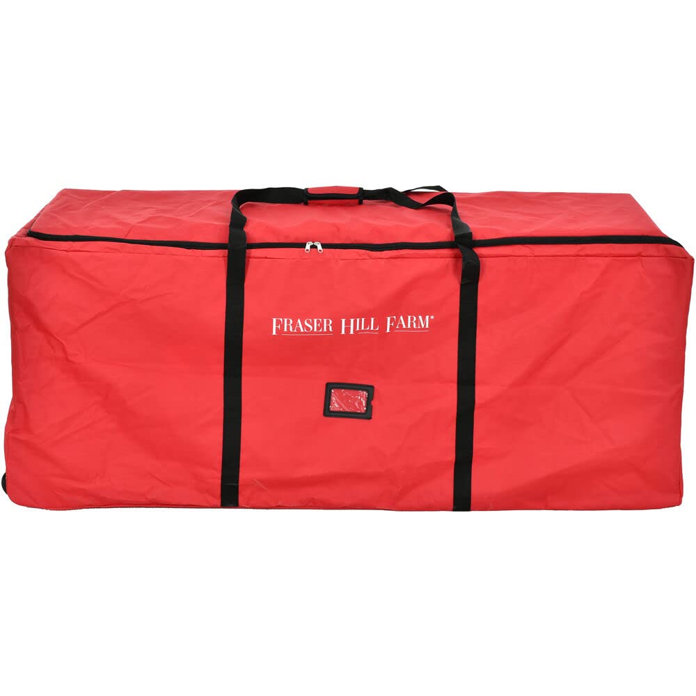 Fraser Hill Farm Rolling Christmas Tree Storage Bag with Wheels - Heavy Duty Extra Wide Bag for Trees up to 9 Feet | Portable Holiday Decor Organizer with Handles (FFSBTR060-RD, Red) | Perfect for Xmas Tree Storage, Seasonal Decor Organization & Attic/Basement Organization