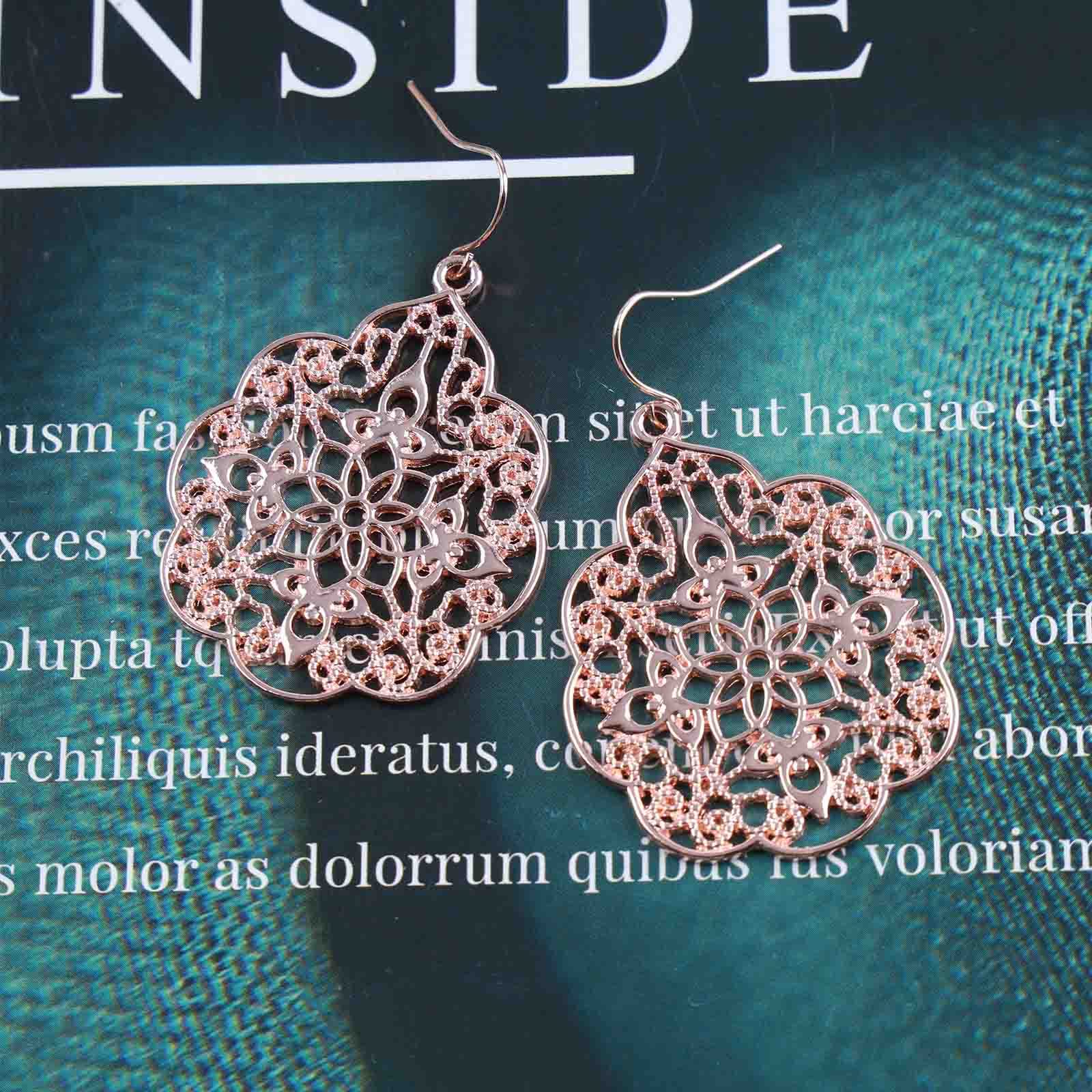 Boho Large Filigree Hoop Drop Dangle Earrings - Vintage Tribal Hollow Carved Rose Gold Gypsy Geometric Floral Statement Jewelry for Women | Wedding, Prom, Party, Festival & Everyday Wear