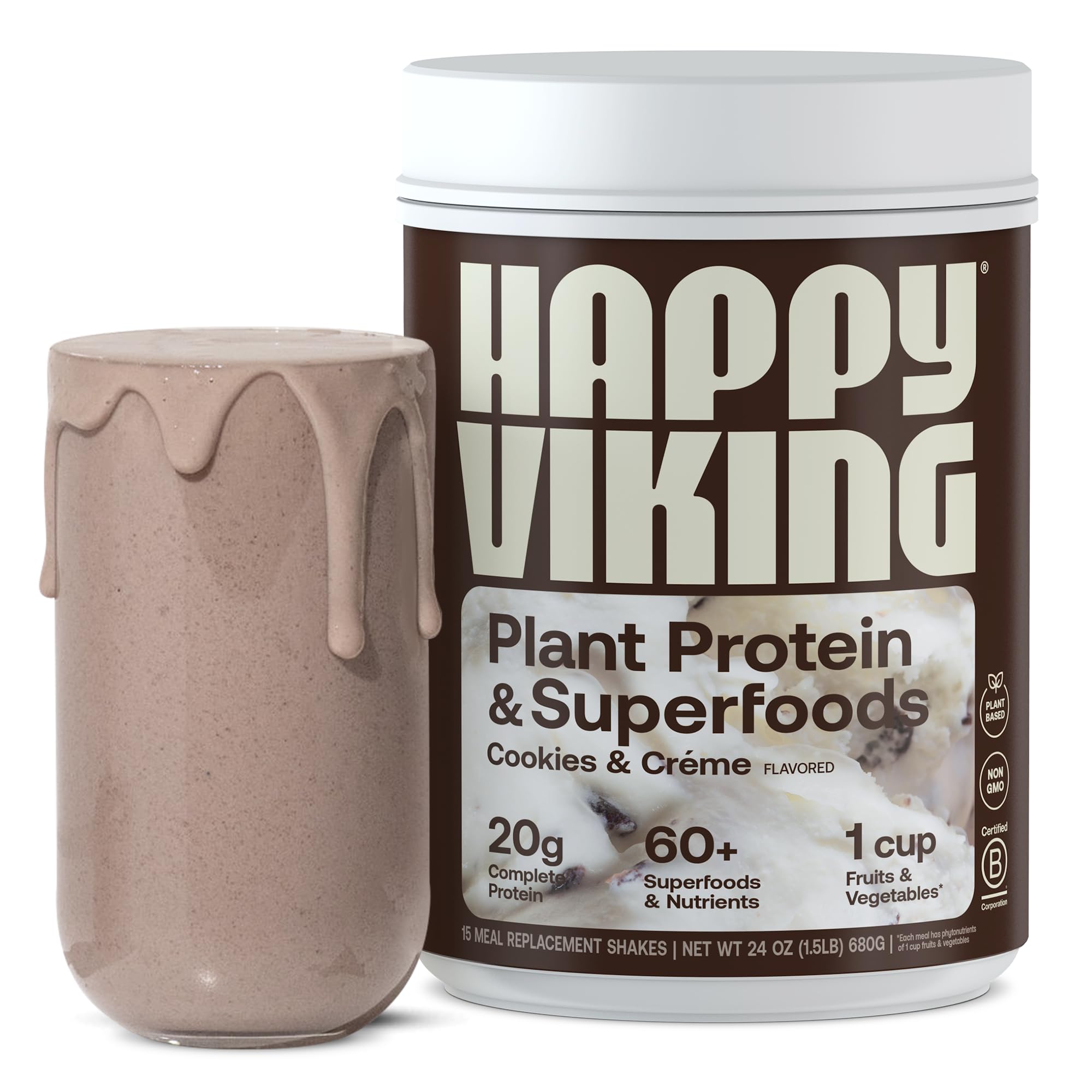 Happy Viking Cookies and Cream Plant Protein Powder by Venus Williams - 20G Protein, Low Carb, Keto, Vegan, Gluten-Free, Non-GMO Superfood Meal Replacement - Perfect for Post-Workout Recovery, Weight Management & Healthy Lifestyle (1 Canister)