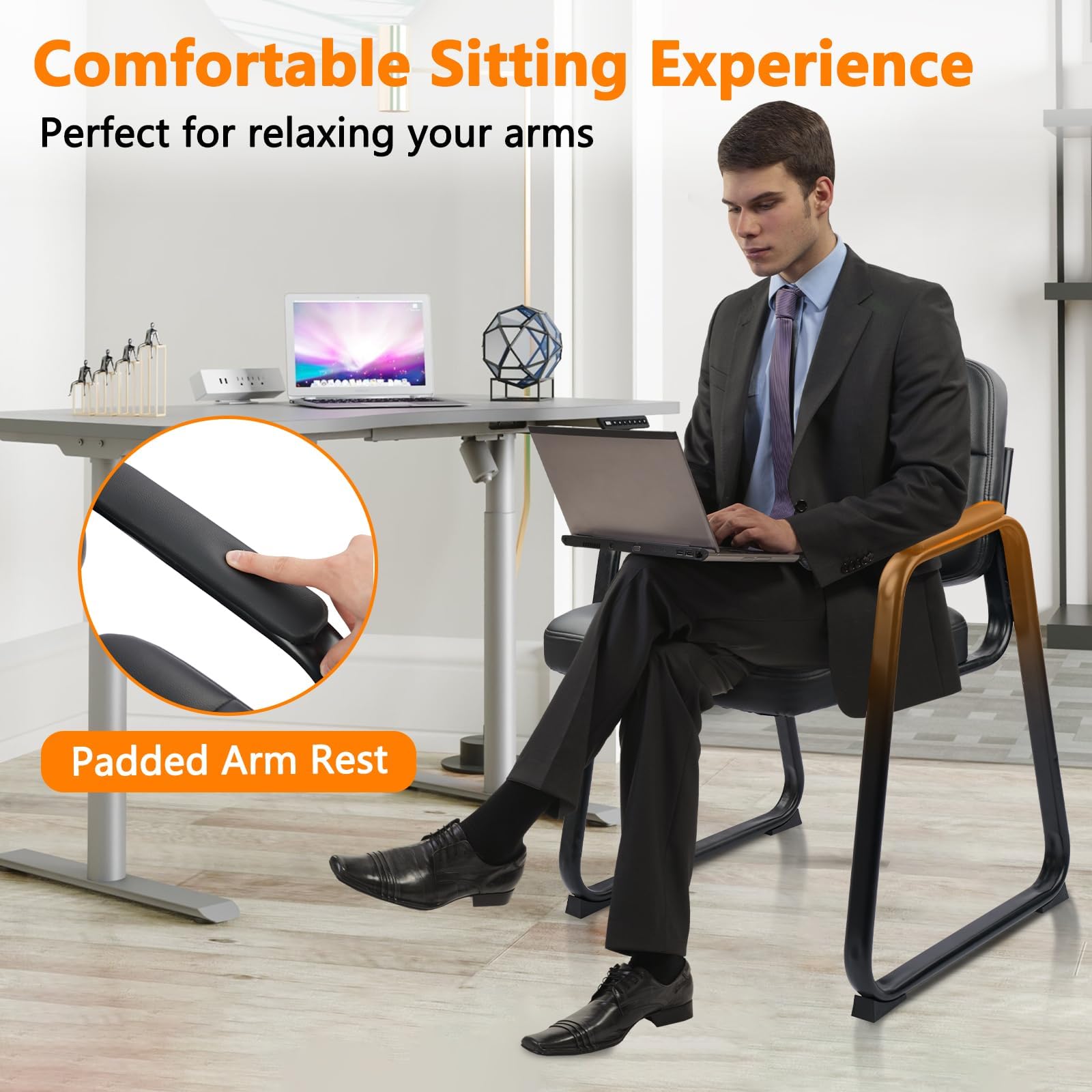 CLATINA 2-Pack Black Leather Waiting Room Chairs - Padded Arm Guest Chairs with Sled Base for Office Reception, Conference Rooms & Lobby Seating | Durable No-Wheels Design for Professional Spaces