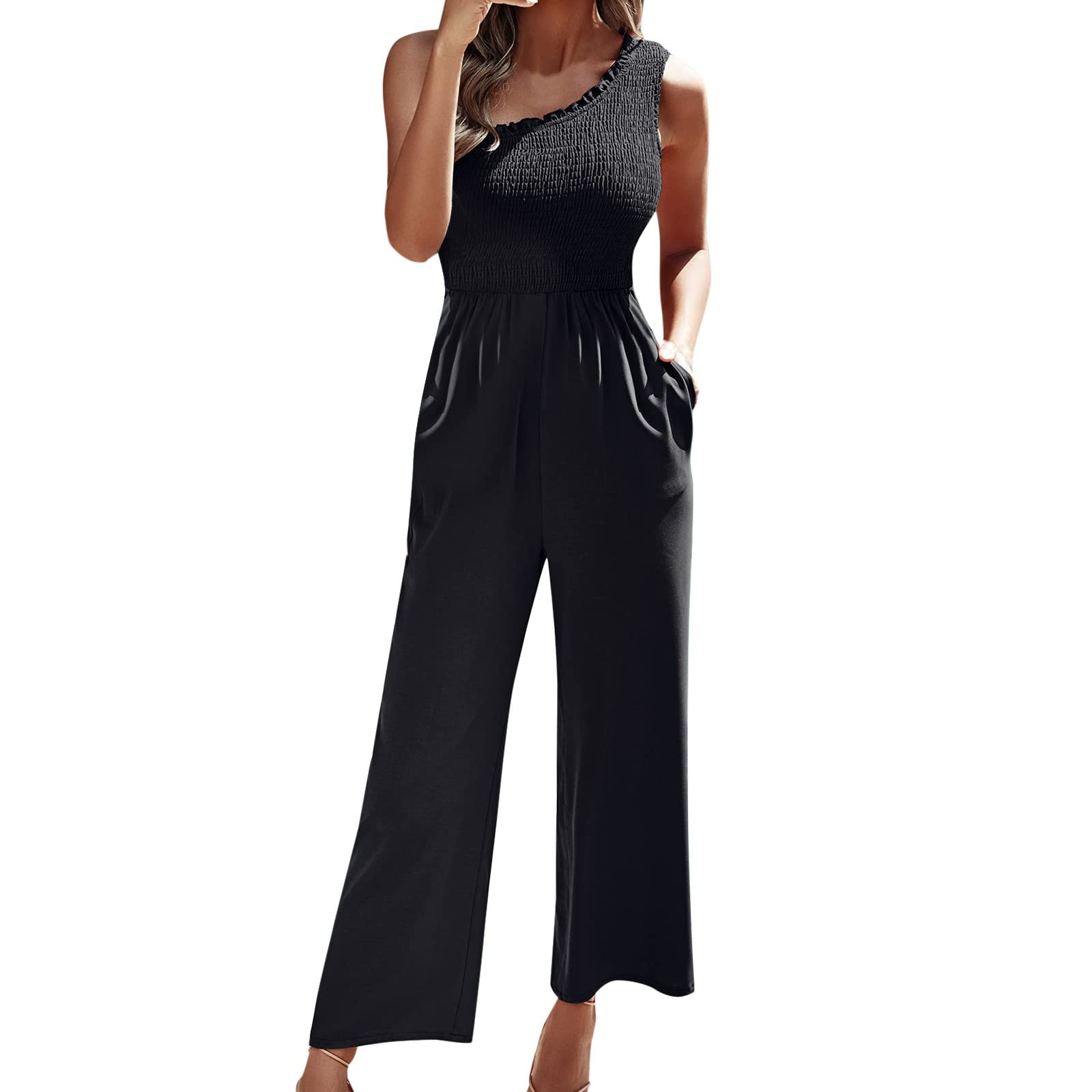 Women's One Shoulder Summer Jumpsuit with Pockets - High Waist Smocked Bib Pants, Loose Fit Casual Romper for Plus Size - Perfect for Beach Vacation, Outdoor Events & Summer Parties