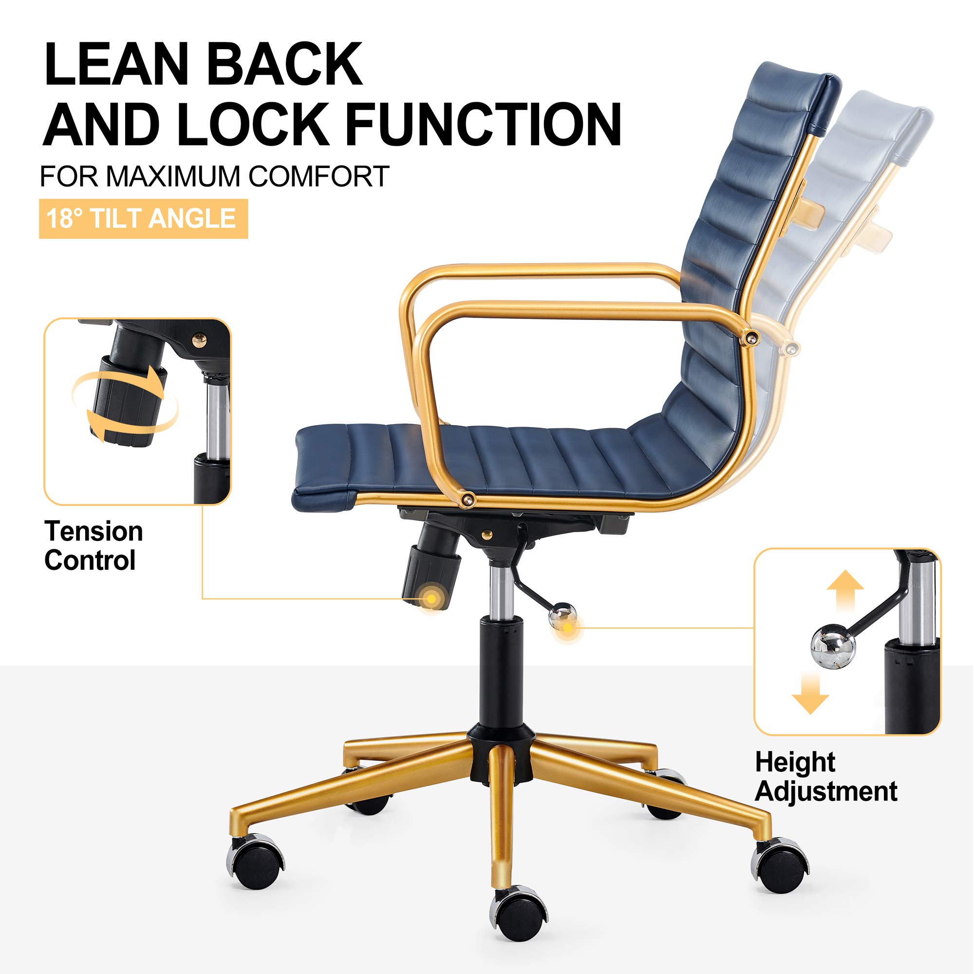 Premium Blue & Gold Leather Mid-Back Office Chair with Armrests - Ergonomic Executive Desk Chair for Back Support - Modern Swivel Chair for Home & Office Workspaces - Perfect for Professionals, Gamers & Remote Workers