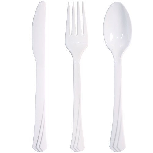 Tiger Chef 72-Pack Heavy Duty Plastic Cutlery Set - 24 Forks, 24 Teaspoons, 24 Knives in Black, White & Gold | Durable Colored Plastic Silverware for Parties, Picnics, Catering & Outdoor Events