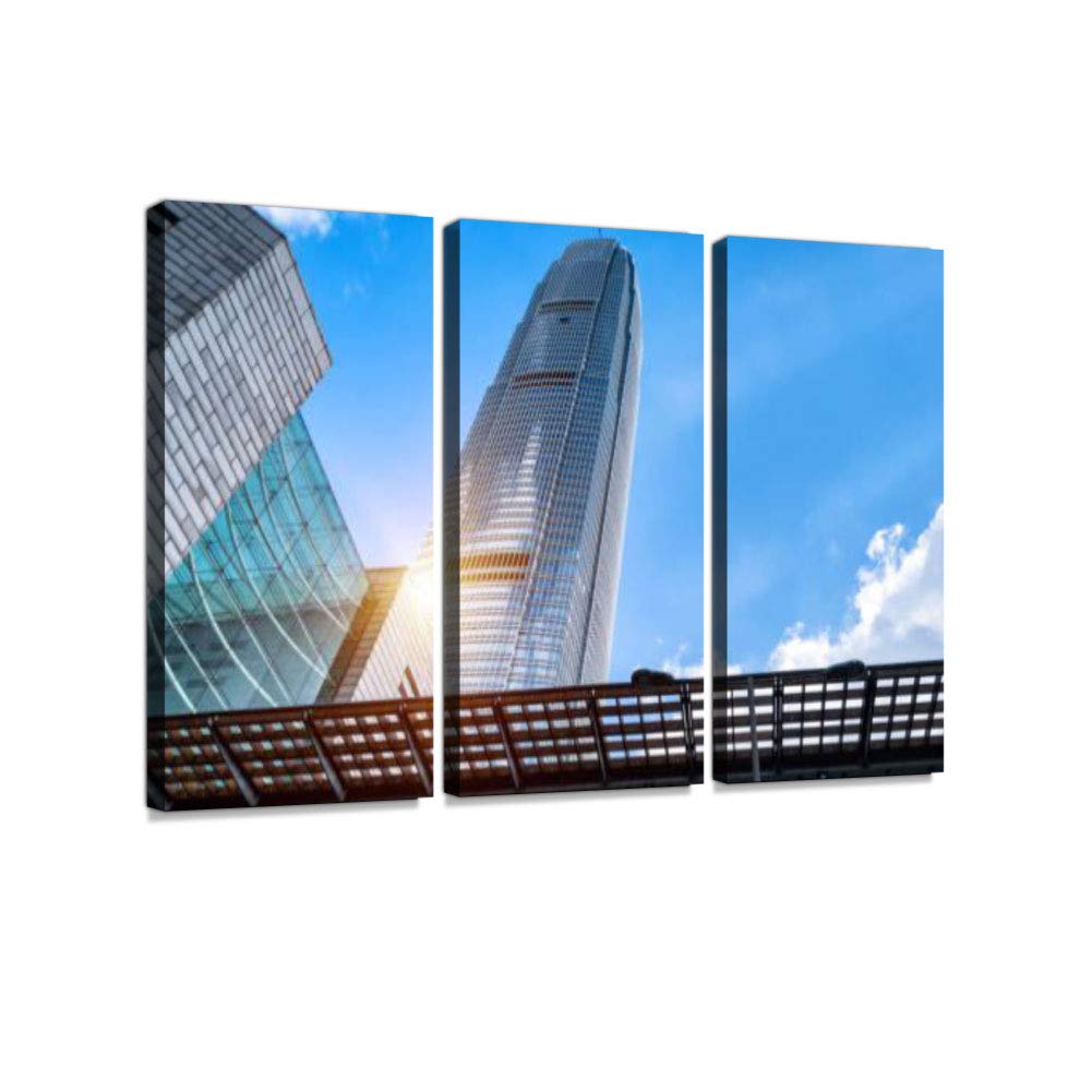 Hong Kong Financial District Wall Art - 3 Piece Canvas Print Set, Modern Photography Home Decor with Unique Pattern, Stretched & Framed - Perfect for Living Room, Office or Bedroom Decor