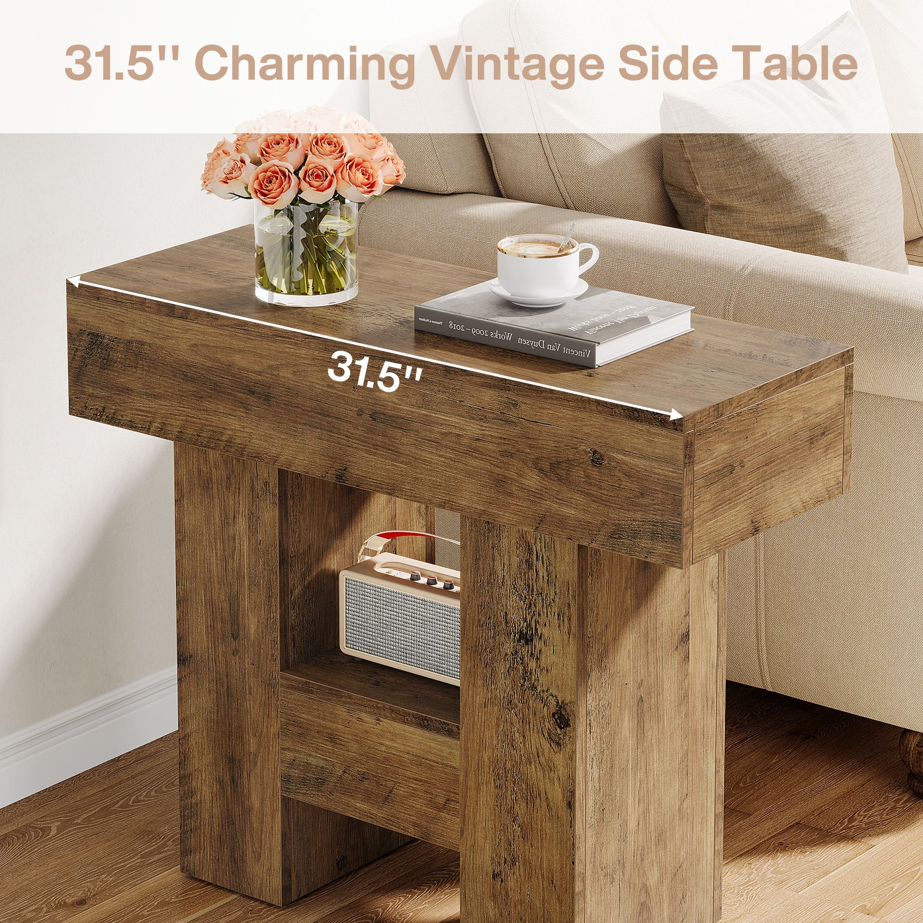 Farmhouse End Table with 2-Tier Shelf - 31.5 Inch Sturdy Sofa Side Table for Living Room, Bedroom & Patio - Rustic Coffee Table with Heavy Duty Metal Base