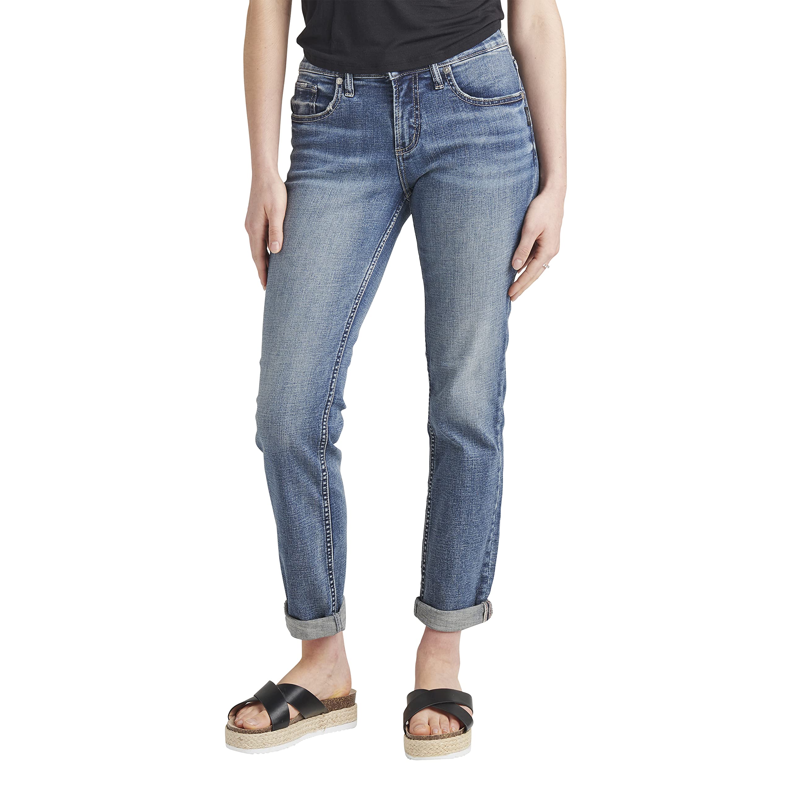 Silver Jeans Co. Women's Boyfriend Mid Rise Slim Leg Jeans - Comfortable Stretch Denim Pants for Casual Wear & Everyday Outfits