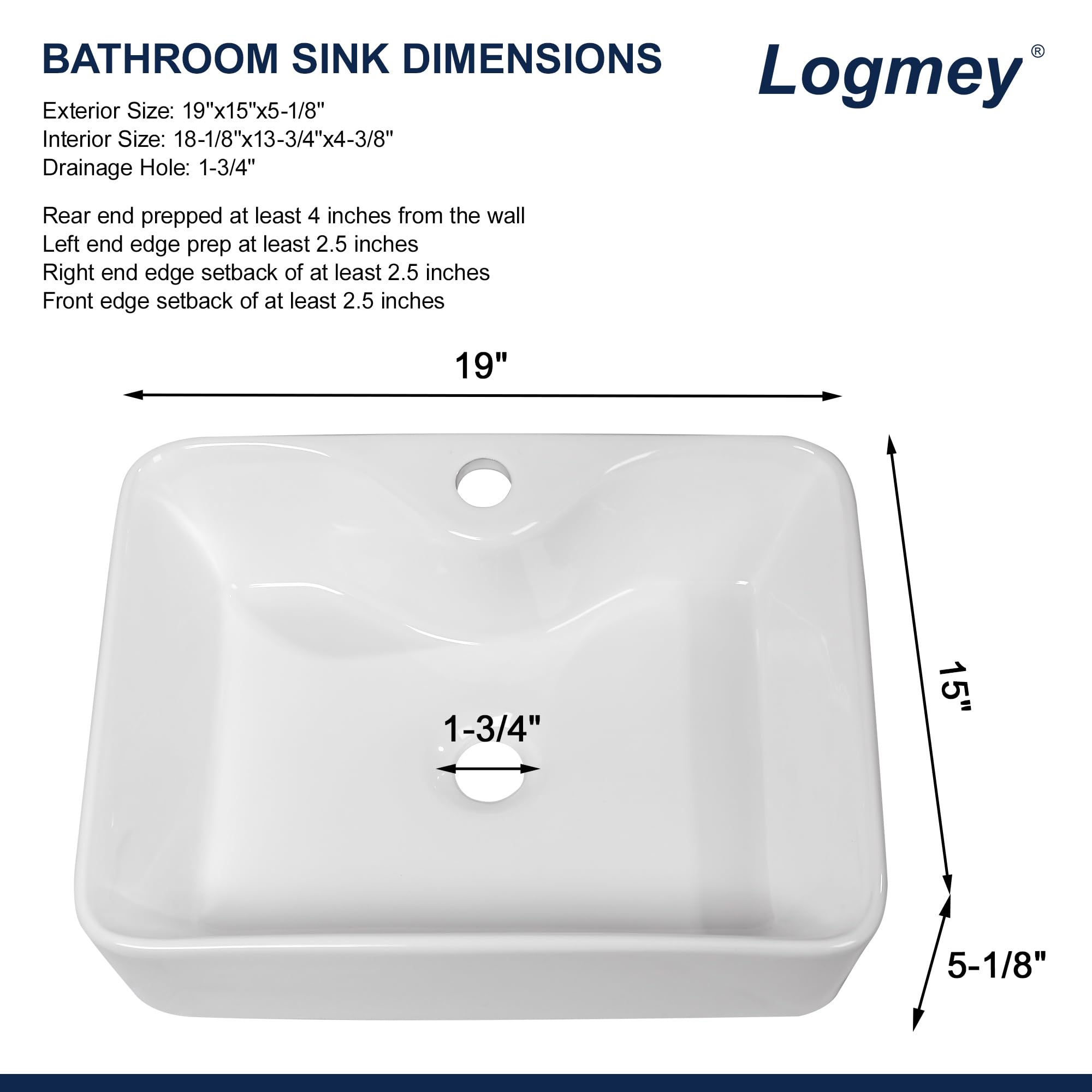 Logmey 19 Inch White Porcelain Rectangular Vessel Sink - Modern Above Counter Bathroom Vanity Sink, 19x15 Inch Large Ceramic Art Basin for Bathroom & Powder Room Renovation - Perfect for Contemporary Home, Hotel, and Spa Decor
