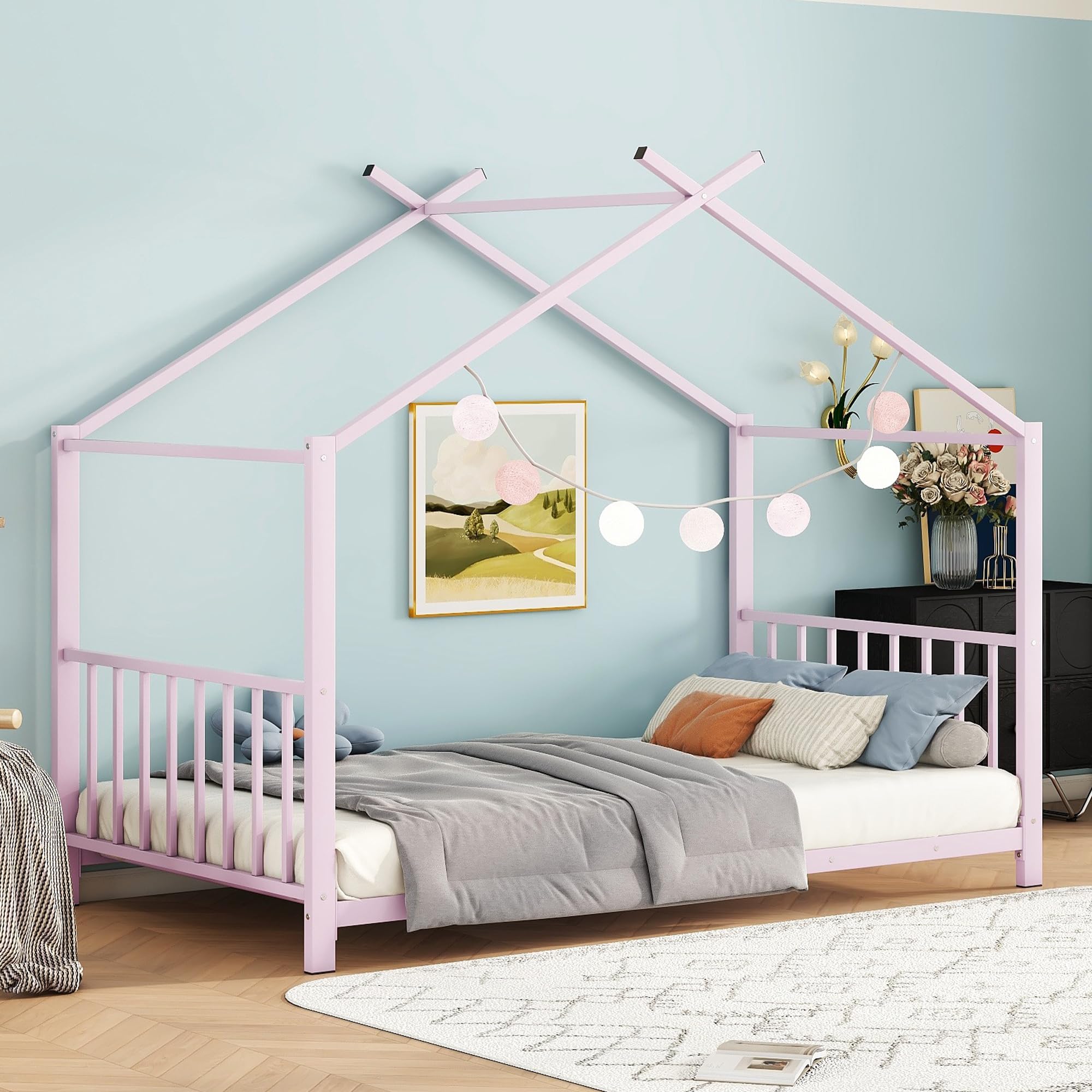Montessori Twin Size Floor Bed for Kids - Sturdy Metal Frame with High Headboard & Roof - Pink House Bed for Boys & Girls - Perfect for Bedroom, Playroom & Montessori Learning Spaces