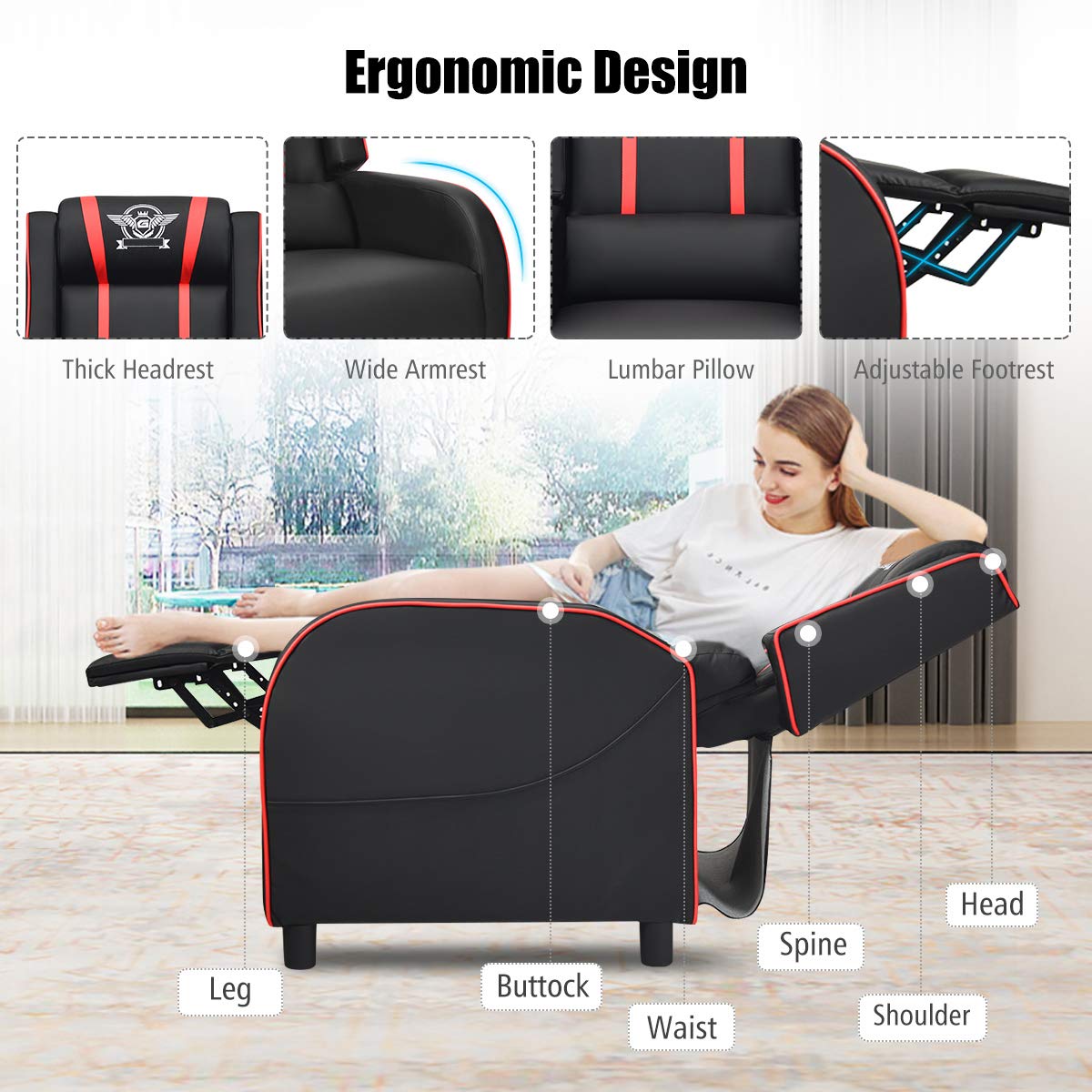 Premium PU Leather Massage Gaming Recliner Chair with Footrest - Modern Racing Style Home Theater Seat for Living Room, Bedroom & Game Room - Ergonomic Comfort for Relaxation, Movie Watching & Video Gaming (Red)