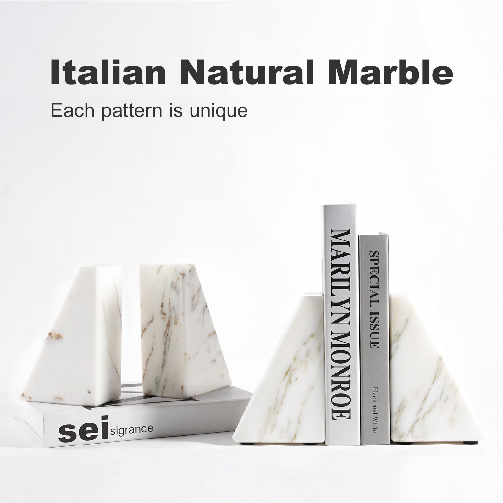 Premium White Marble Bookends Set of 2 - Heavy Duty Decorative Book Stoppers for Shelves | Natural Calacatta Marble Bookends for Home Office & Library Organization | Perfect Gift for Book Lovers & Home Decor