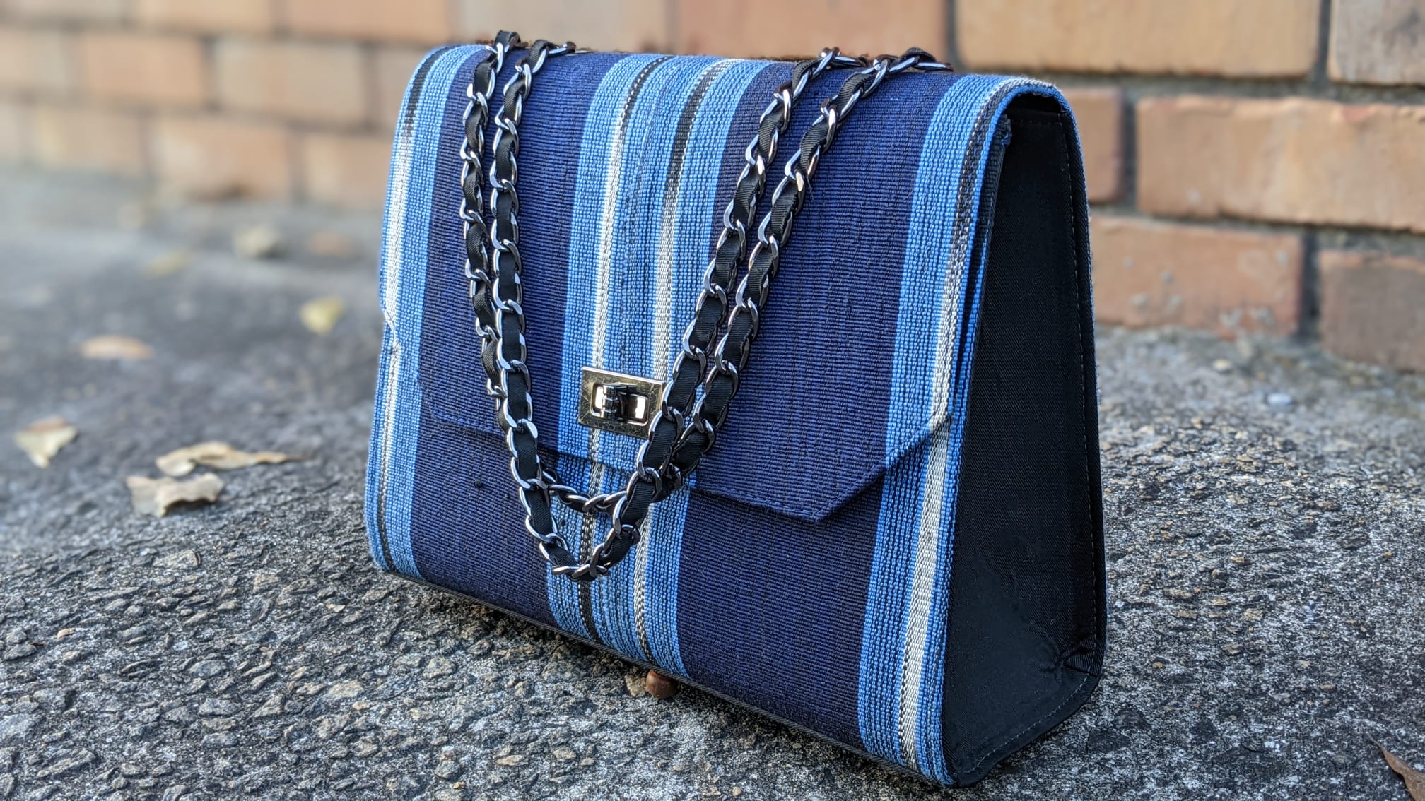 Illori Handmade Blue and Silver Striped African Aso Oke Handwoven Clutch Purse - Authentic Nigerian Woven Bag for Women, Perfect for Weddings, Parties & Special Occasions