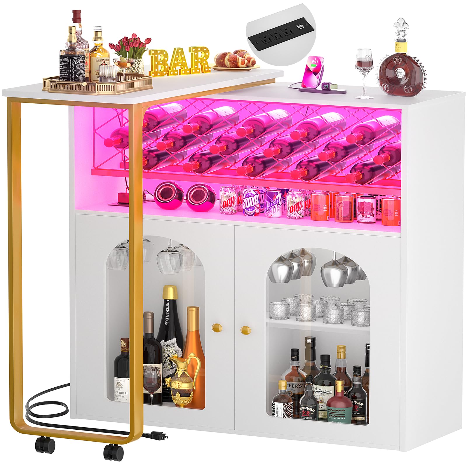 Cyclysio Rotating Wine Bar Cabinet - LED Lighted Home Bar with Power Outlets, Wine Rack & Glass Holder - Corner Bar Cabinet with Storage Doors - Perfect for Dining Room, Living Room & Home Entertaining