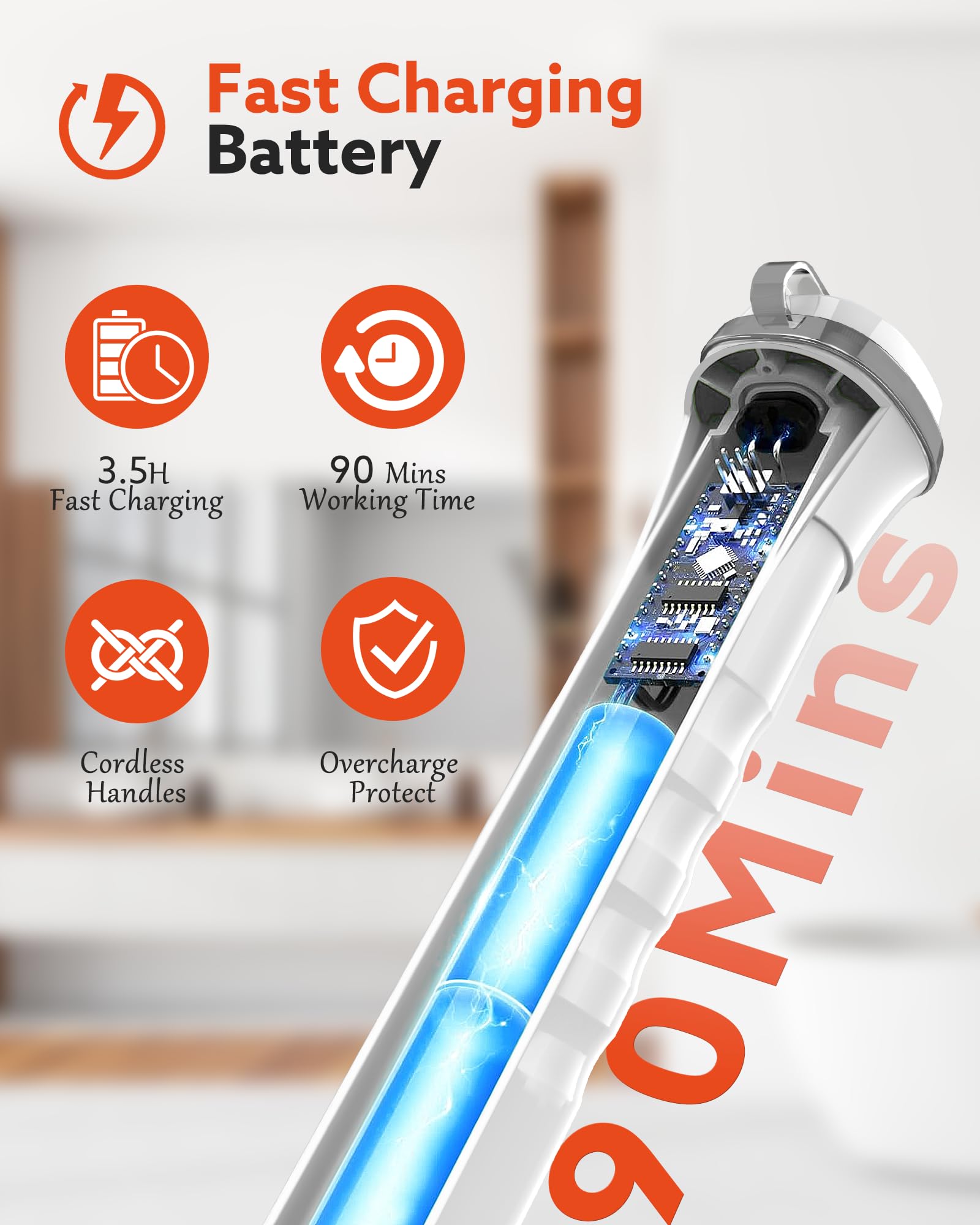 Electric Spin Scrubber Cordless - 1.5H Battery Life with 4 Replacement Heads & Long Handle for Bathroom, Shower, Tub, Tile, Grout & Floor Cleaning - Perfect for Deep Cleaning Hard-to-Reach Areas (White)