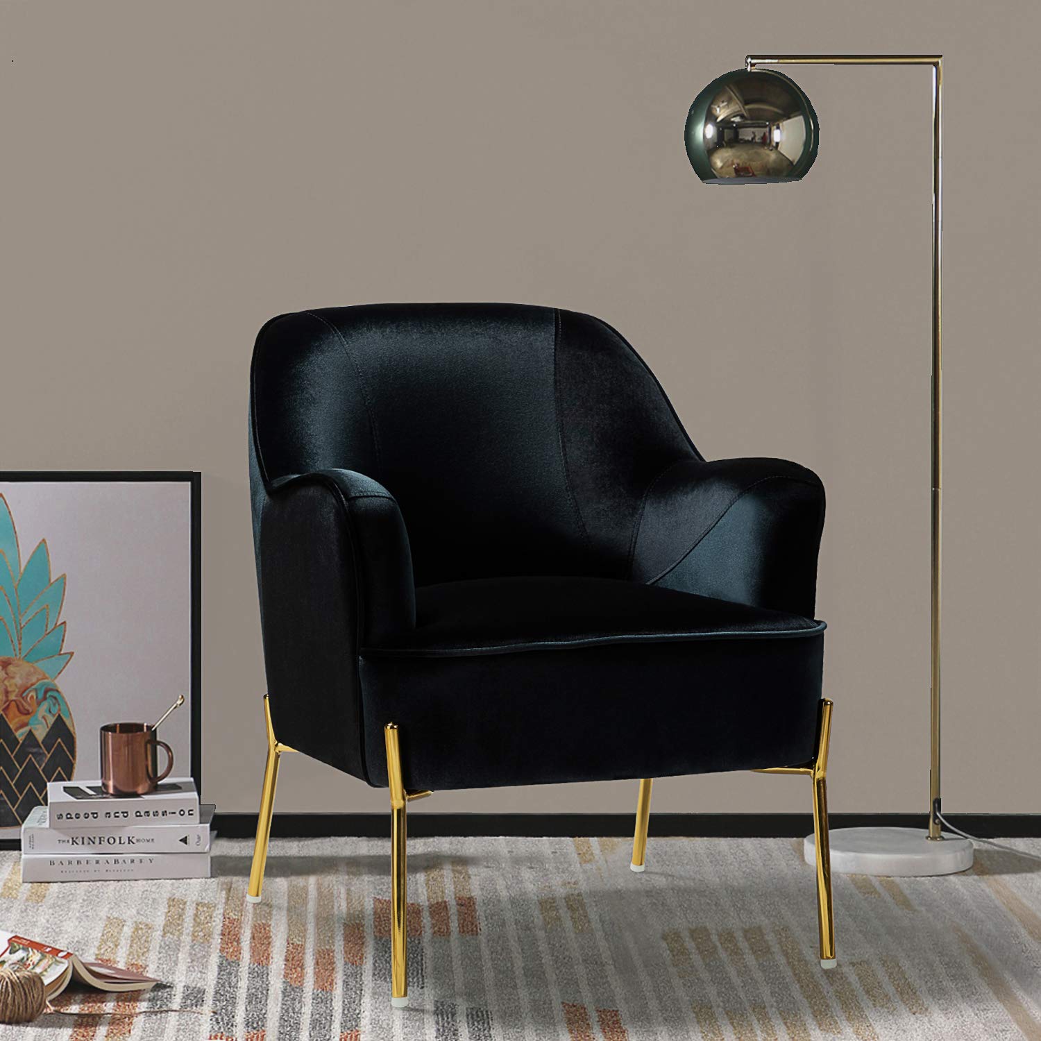 Luxury Velvet Accent Chair for Living Room & Bedroom - Mid Century Modern Upholstered Armchair with Gold Metal Legs & Tufted Design - Comfortable Reading Chair for Home Office, Lounge & Nursery (Black)