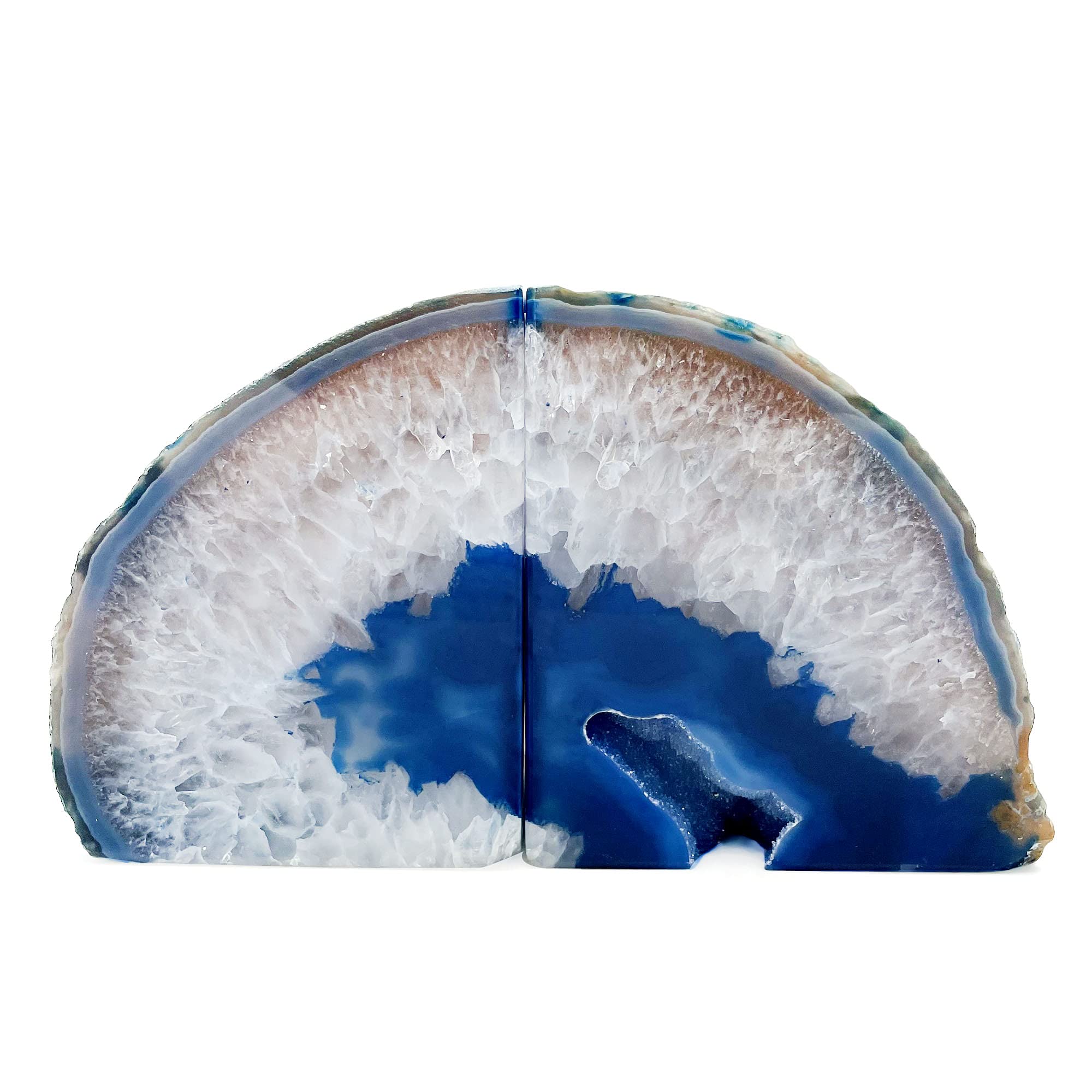 Blue Agate Geode Bookends Pair - Natural Stone Bookends for Office & Home Decor, Desk Organization & Storage - Perfect for Bookshelves, Office Desks & Home Library Display (BKBU-10216)