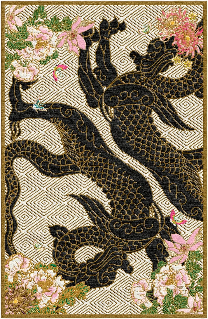 Premium Black & Gold Hand Tufted Dragon Florals Rug - Luxury Bohemian Home Decor for Living Room, Bedroom & Office - Pre Order Now