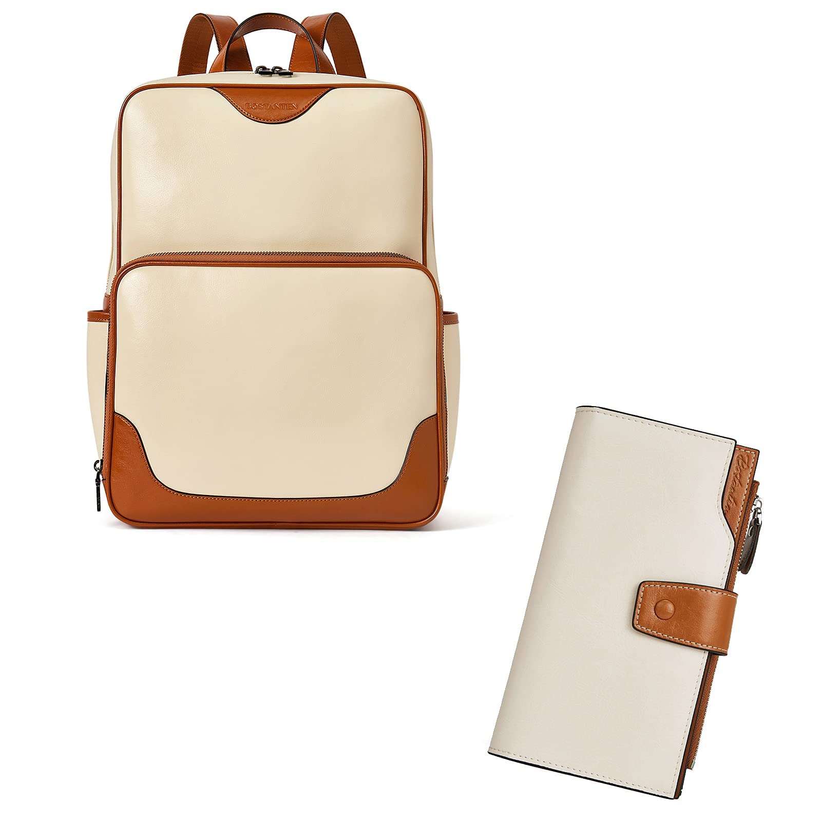 BOSTANTEN Genuine Leather Laptop Backpack for Women - Stylish College Casual Purse & Travel Bag with RFID Blocking Wallets - Large Capacity Credit Card Holder & Phone Clutch (Apricot) - Perfect for Work, School & Business Trips