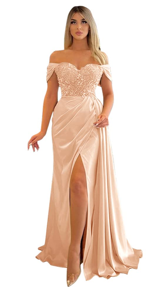 Elegant Mermaid Slit Prom Dresses 2024 | Off Shoulder Beaded Bridesmaid Gowns | Formal Evening Party Dresses for Women | Perfect for Prom Night, Weddings & Special Occasions